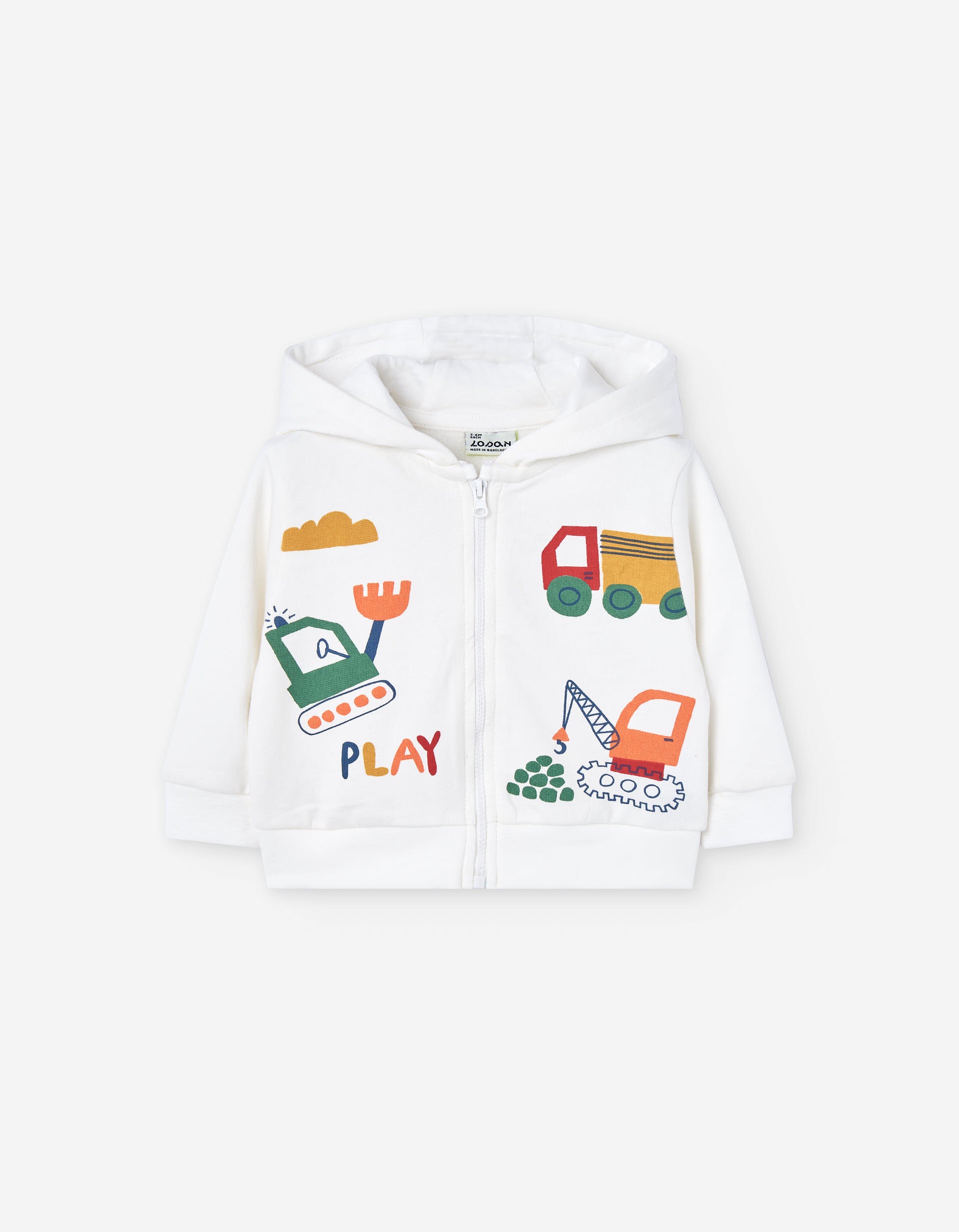 Brushed cotton jacket with hood and print for baby boys, white