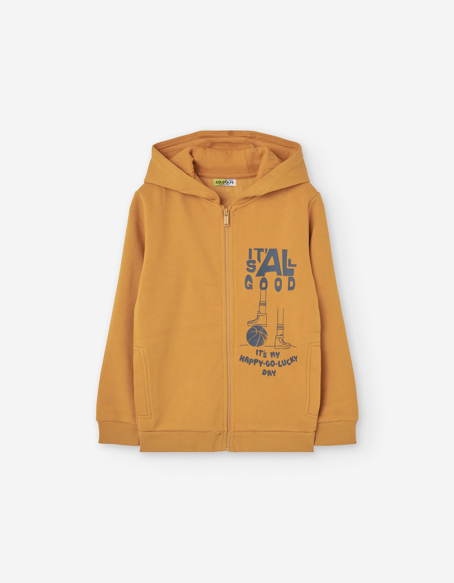 Brushed hooded jacket with basketball print for boys, yellow