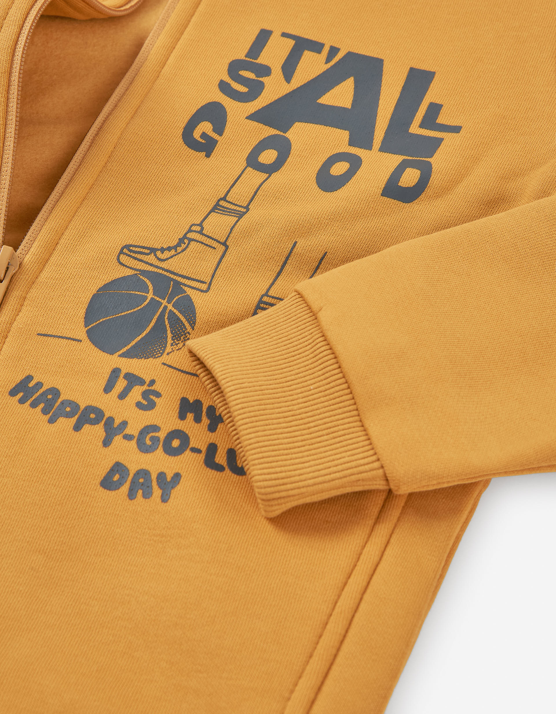 Brushed hooded jacket with basketball print for boys, yellow