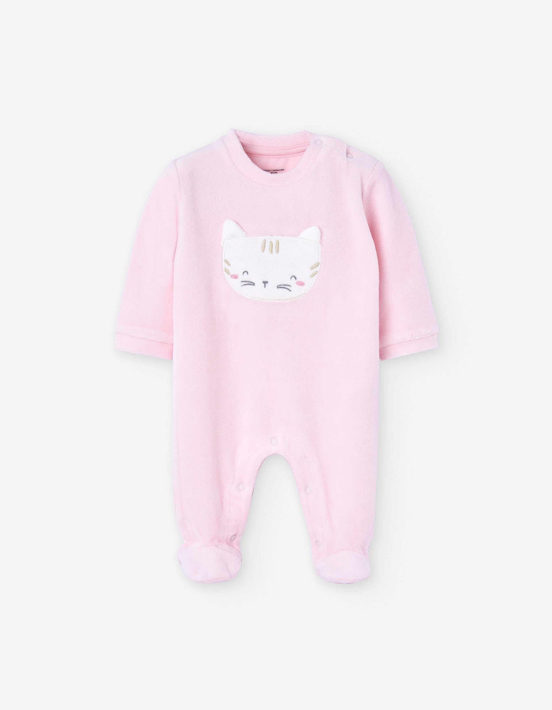Velvet sleepsuit with embroidered cat for newborn girls, pink