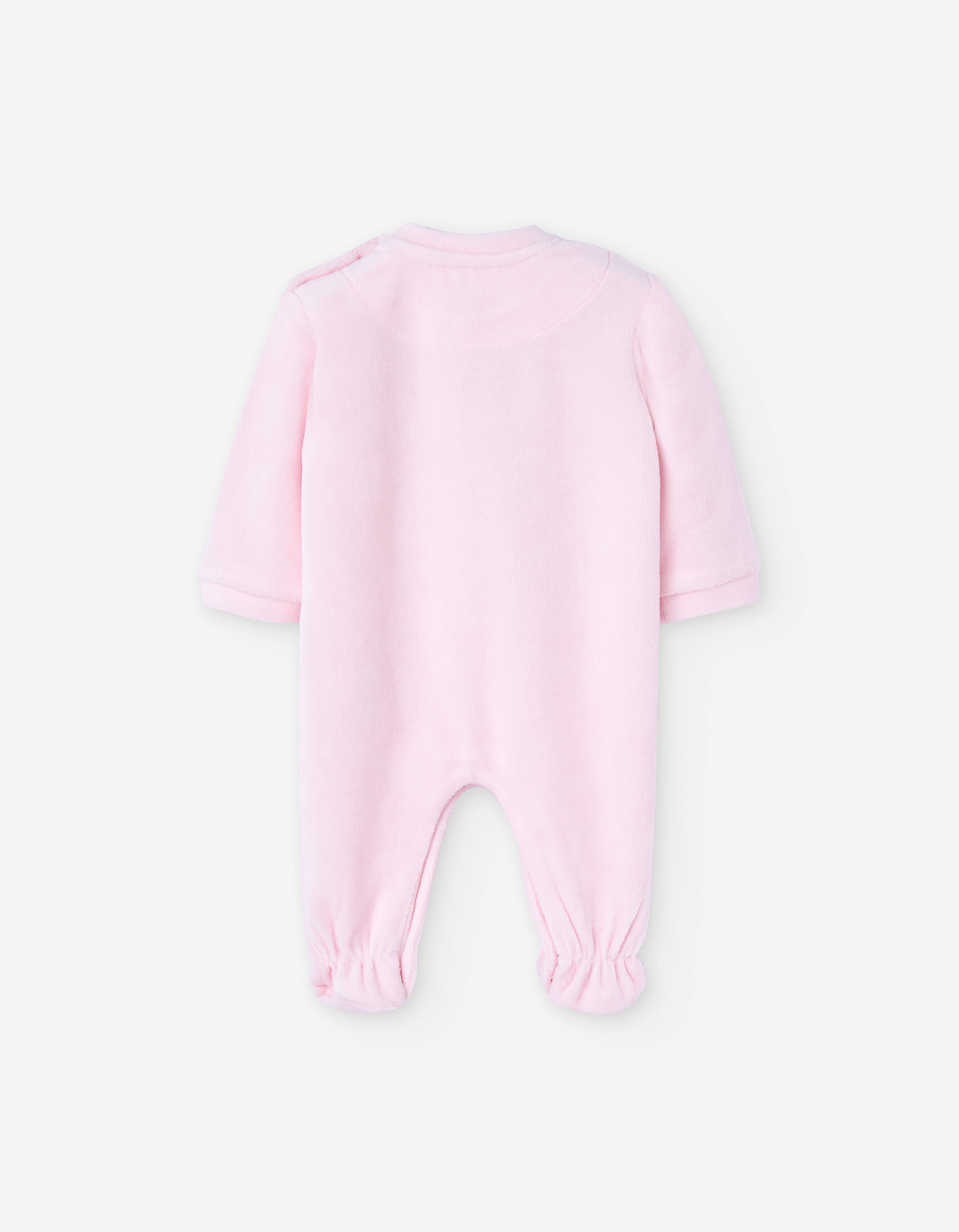 Velvet sleepsuit with embroidered cat for newborn girls, pink