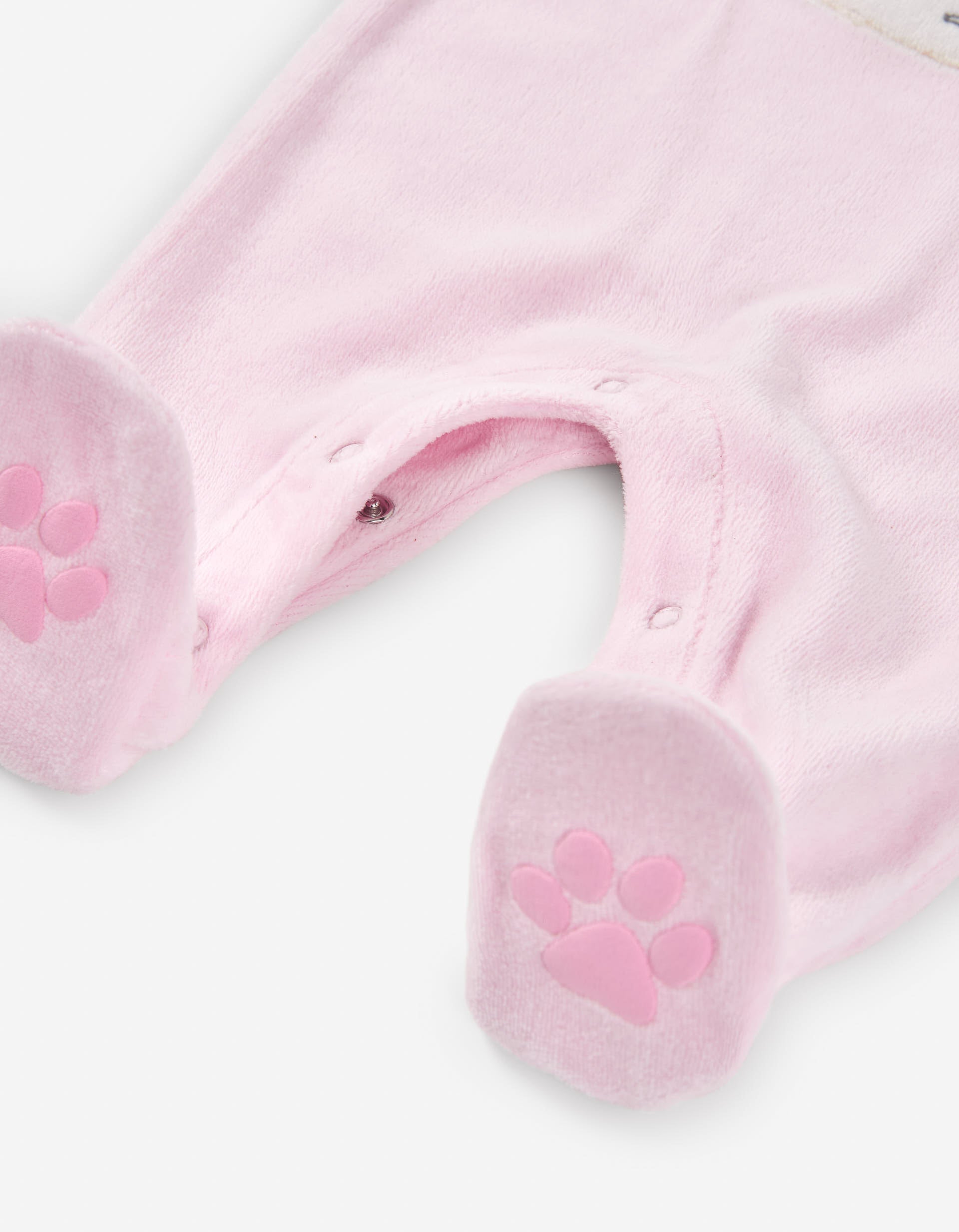 Velvet sleepsuit with embroidered cat for newborn girls, pink