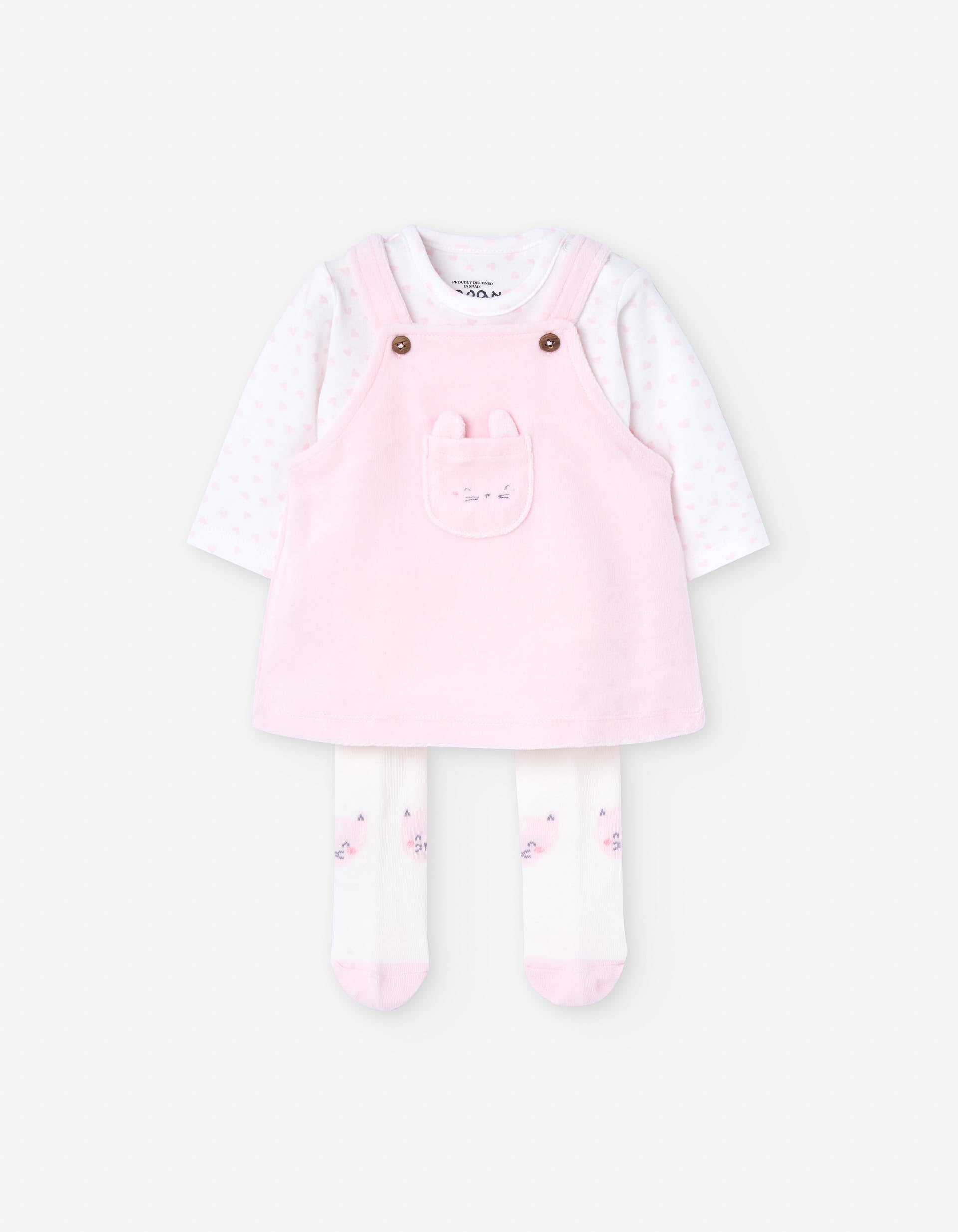 Set of body, pinafore dress and tights for newborn girls, white/pink