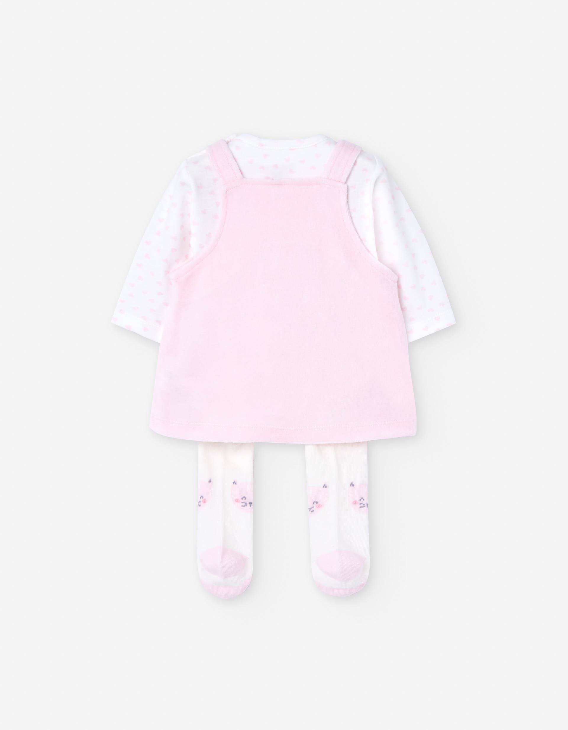 Set of body, pinafore dress and tights for newborn girls, white/pink
