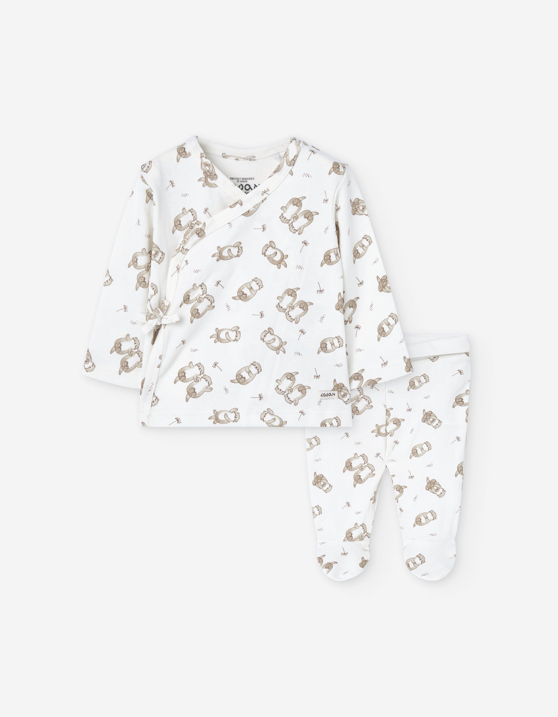 Cotton T-shirt + trousers with motif for newborn boys, white