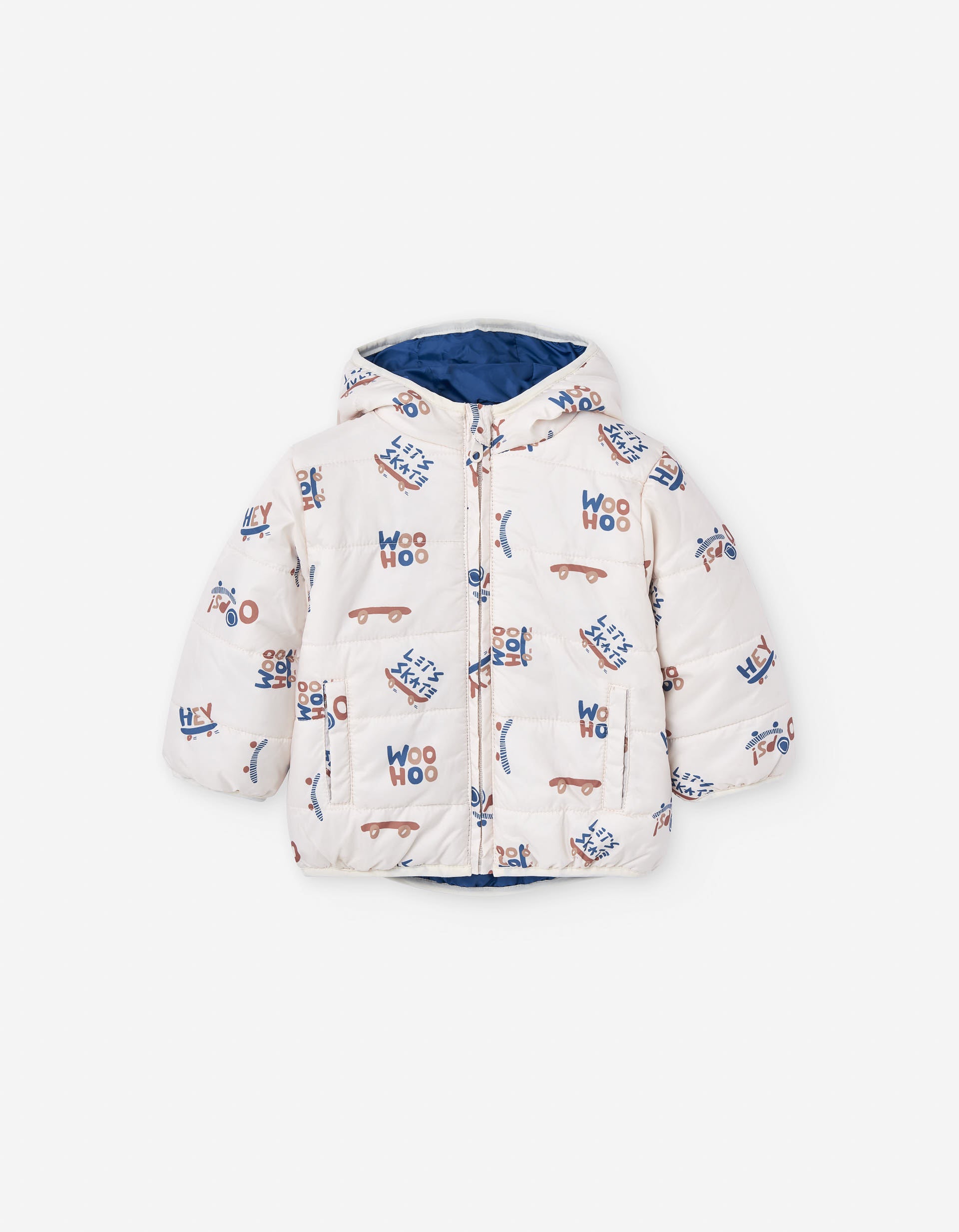 Hooded puffer jacket with skateboard motif for baby boys, white
