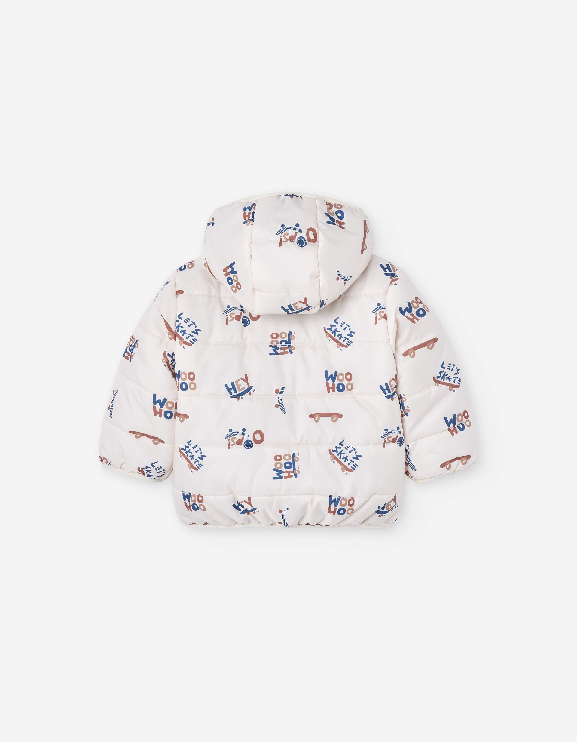 Hooded puffer jacket with skateboard motif for baby boys, white