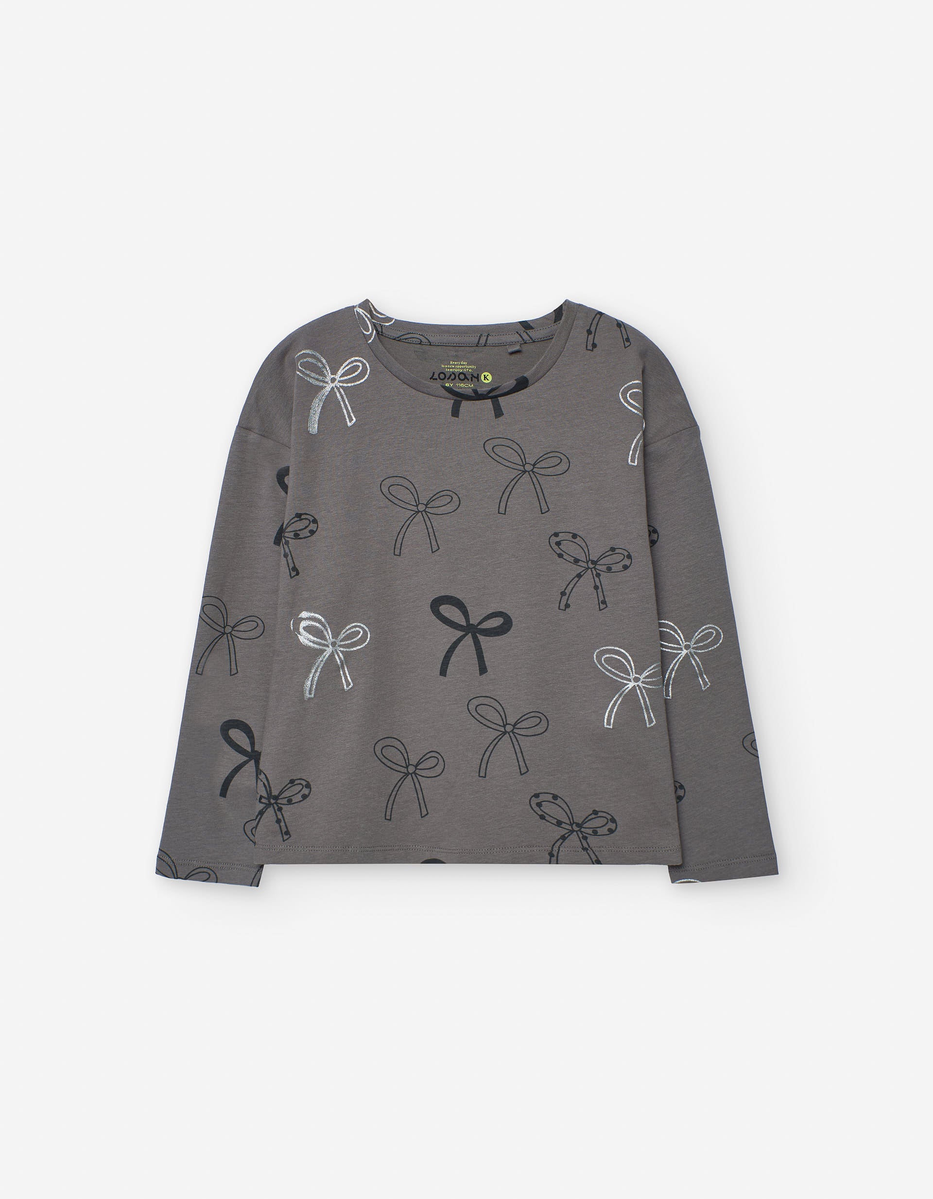 Long sleeve cotton T-shirt with bow motif for girls, dark grey