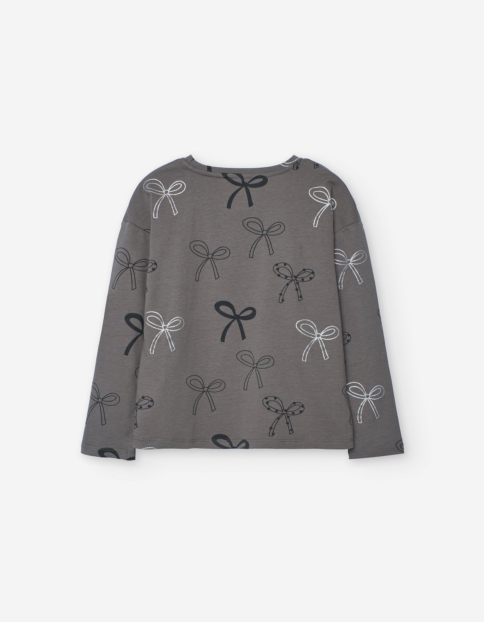 Long sleeve cotton T-shirt with bow motif for girls, dark grey