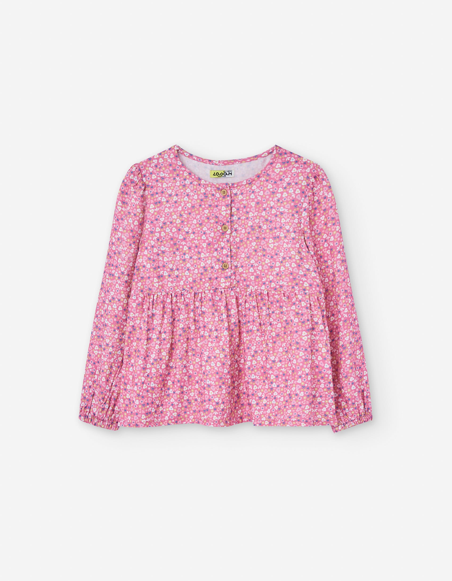 Long sleeve twill T-shirt with floral print for girls, pink