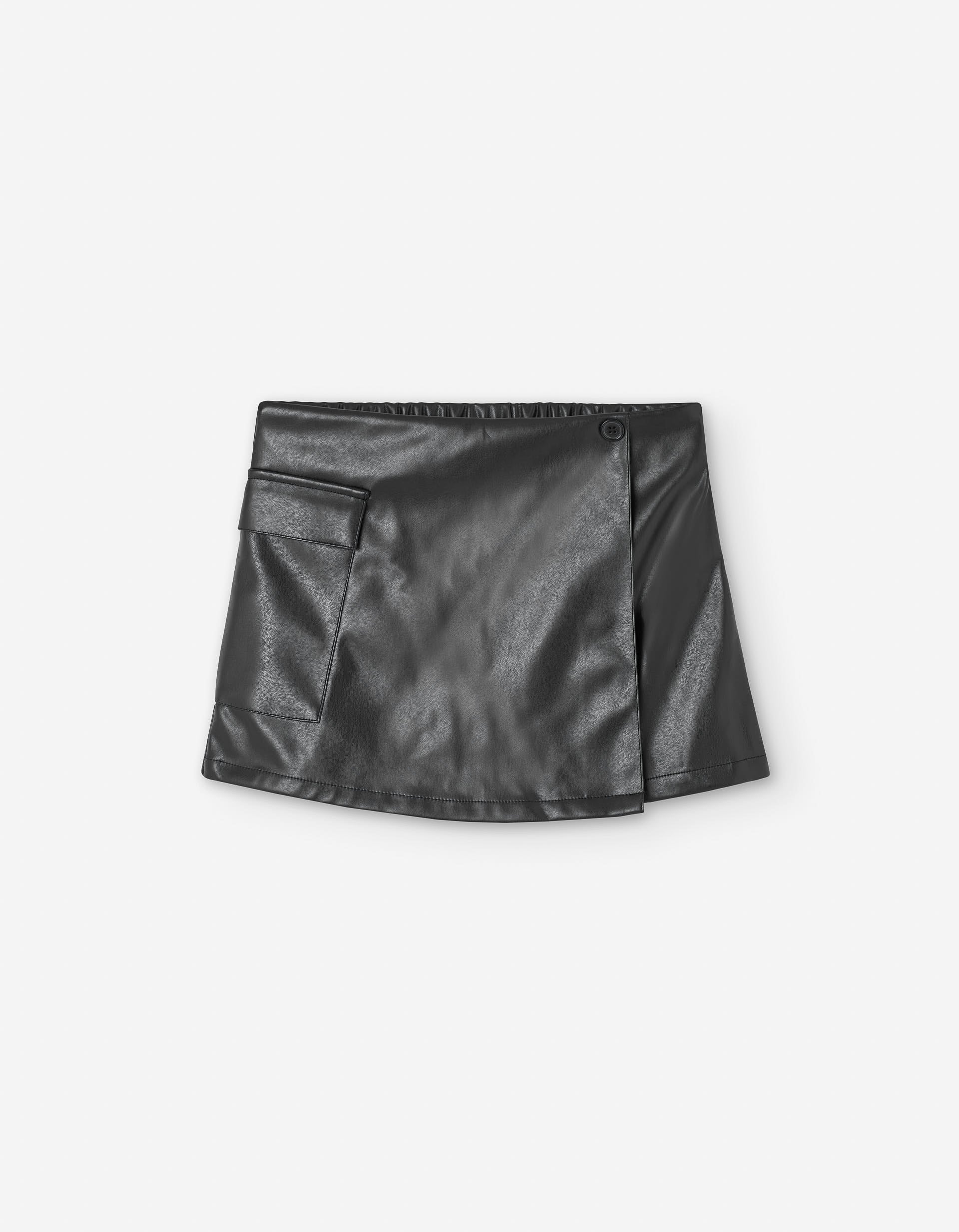 Synthetic leather skort with cargo pocket for girls, black