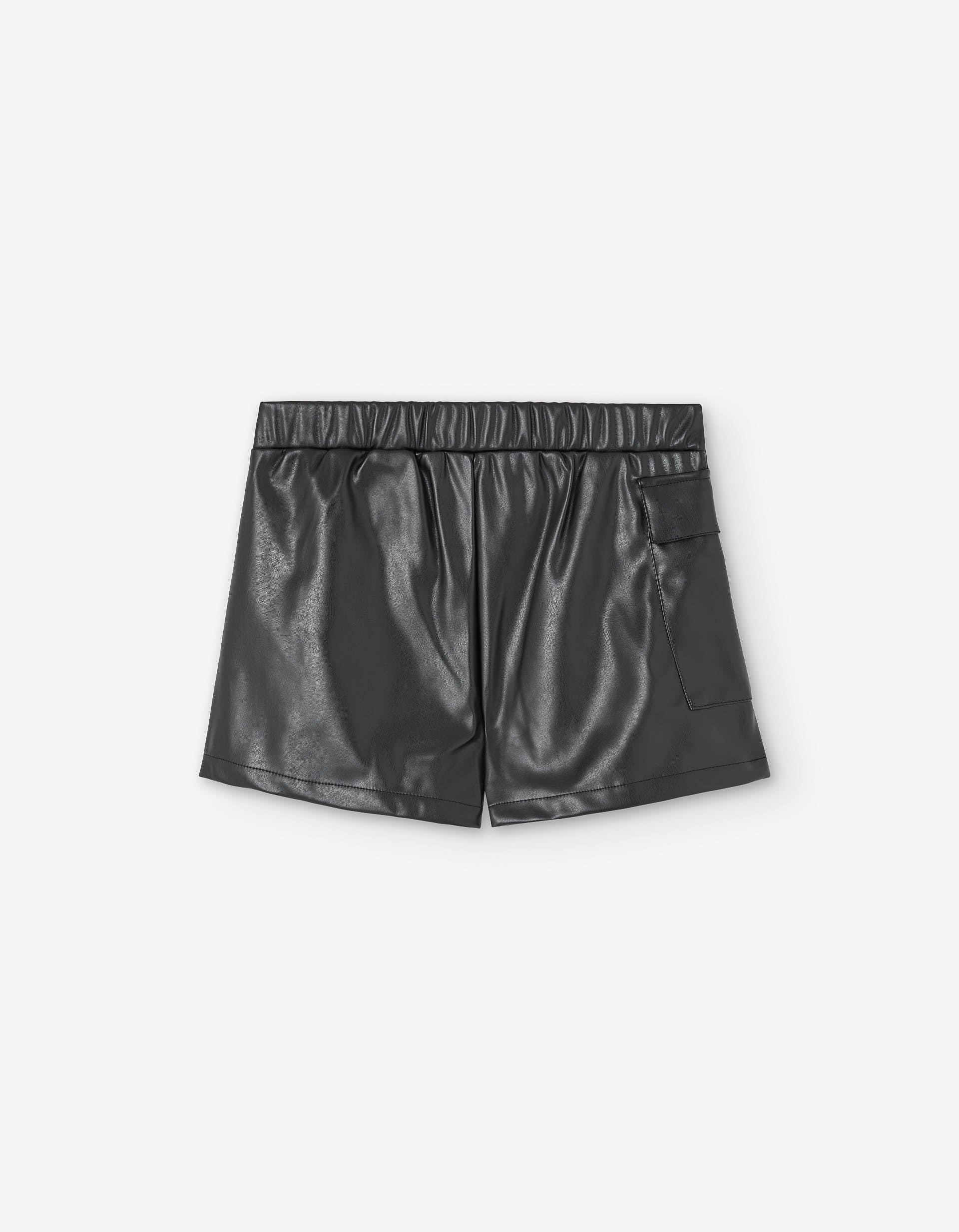 Synthetic leather skort with cargo pocket for girls, black