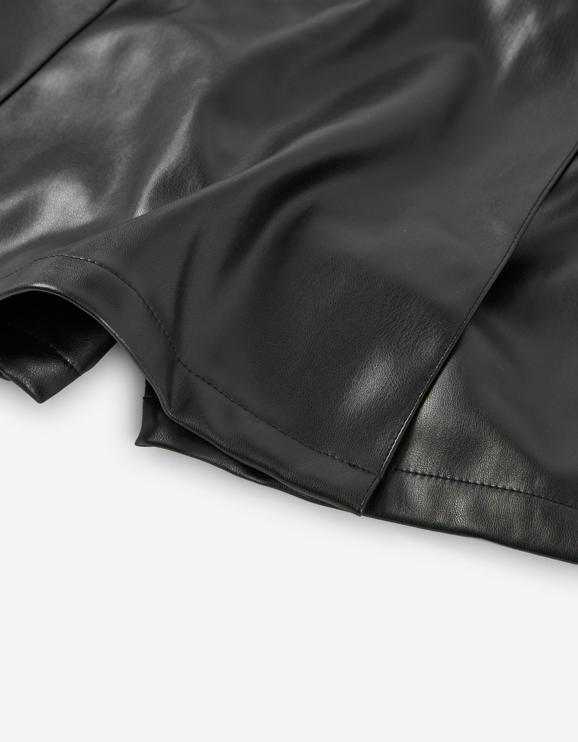 Synthetic leather skort with cargo pocket for girls, black