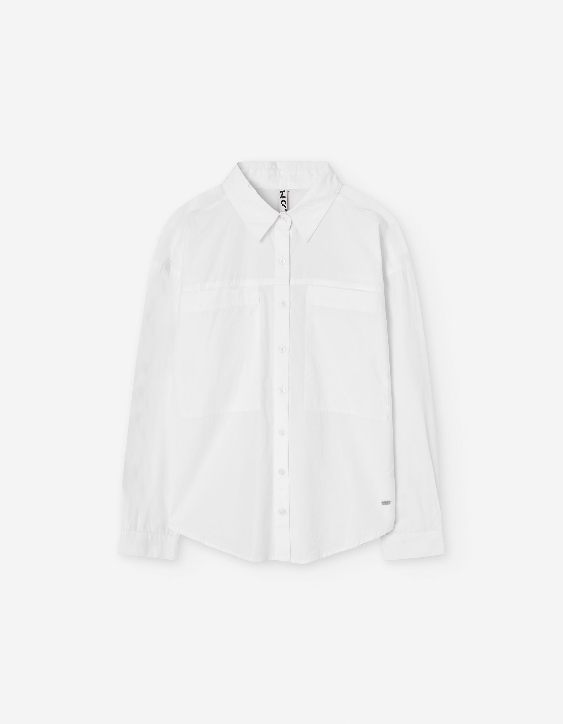 Camisa de popeline de manga comprida com bolsos para menina, branco