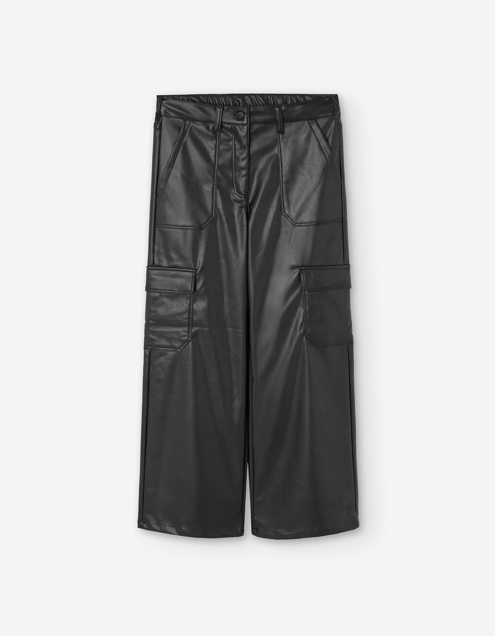 Calças de pele sintética com bolsos cargo para menina, preto