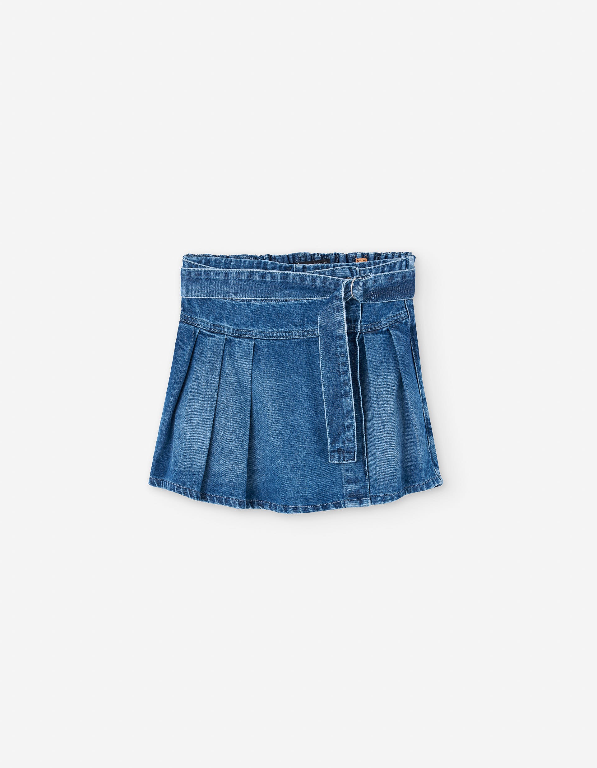 Pleated skort in denim with belt for girls, blue