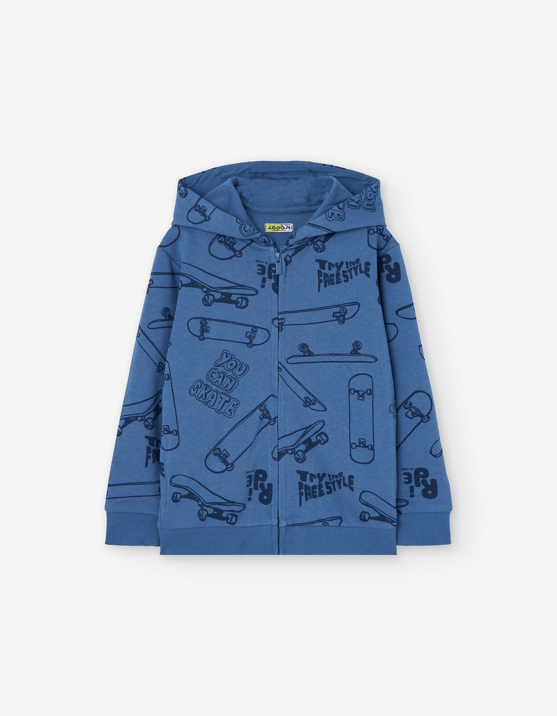 Hooded jacket with skateboard motif for boys, blue