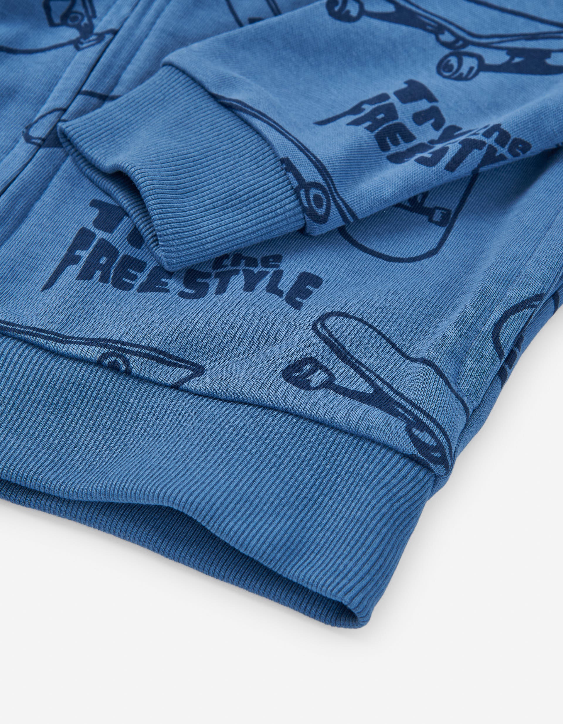 Hooded jacket with skateboard motif for boys, blue