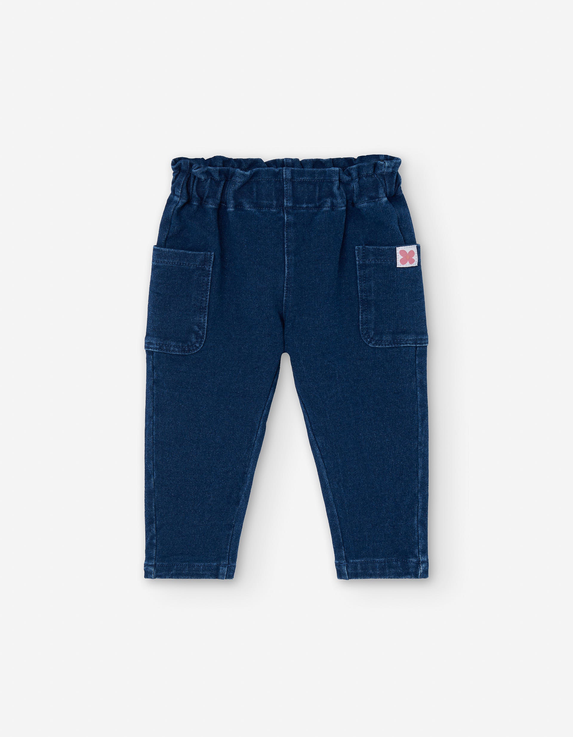 Denim paperbag trousers with pockets for baby girls, dark blue