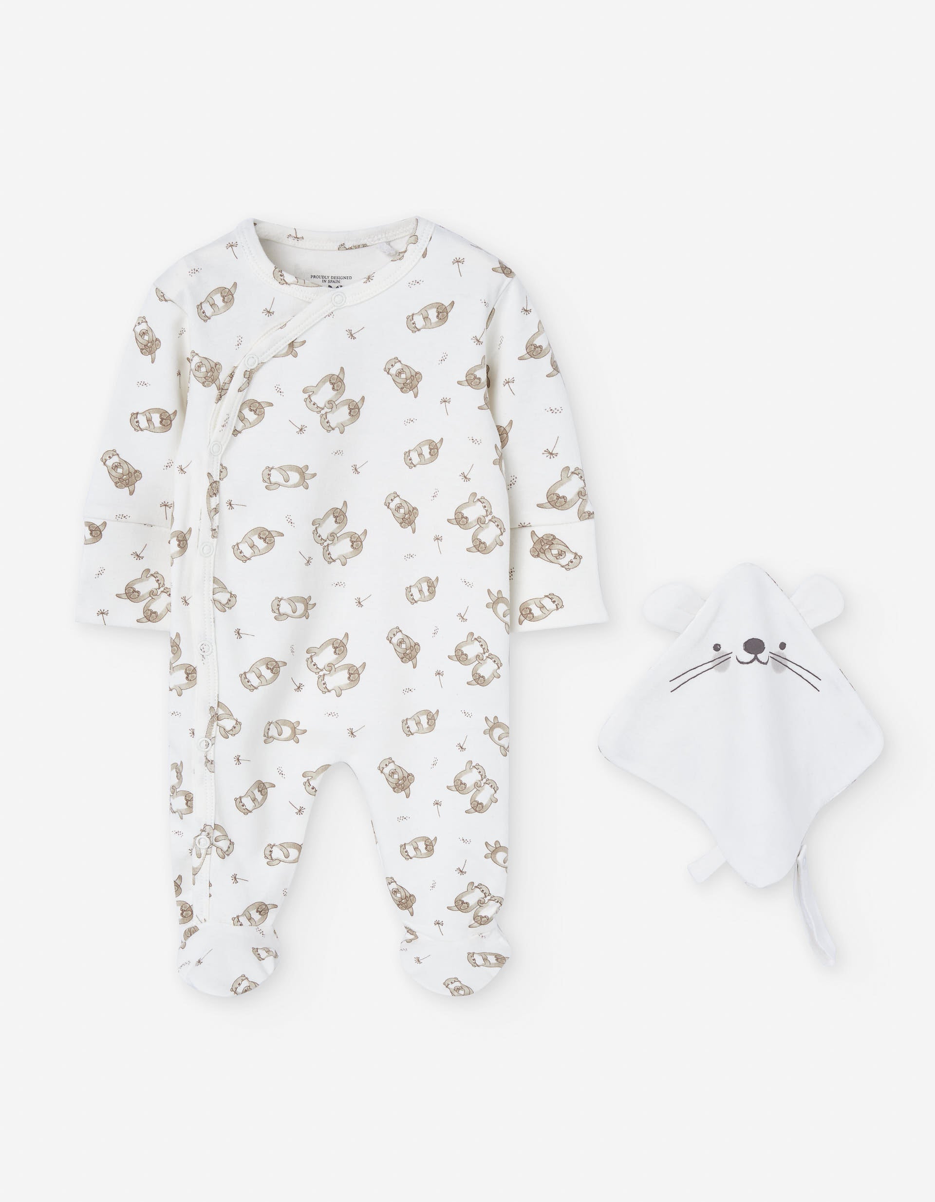 Brushed cotton sleepsuit with motif + doudou for newborn boys, white