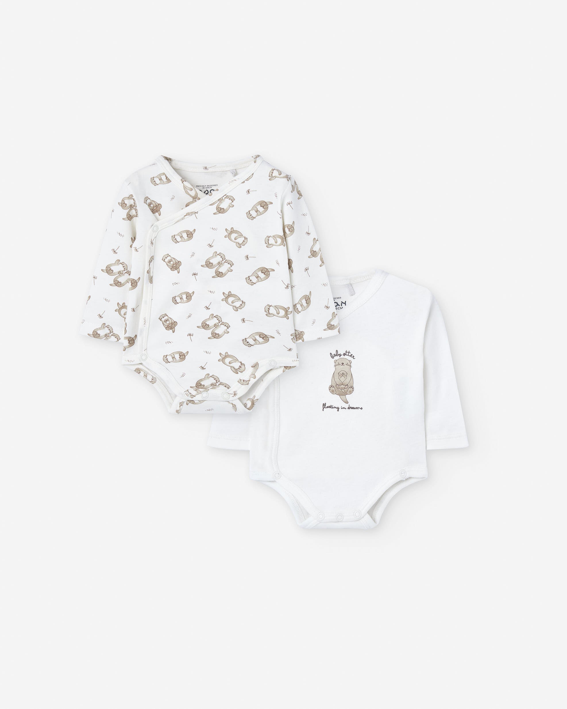 Pack of 2 wrapover bodysuits with otter motif for newborn boys, white