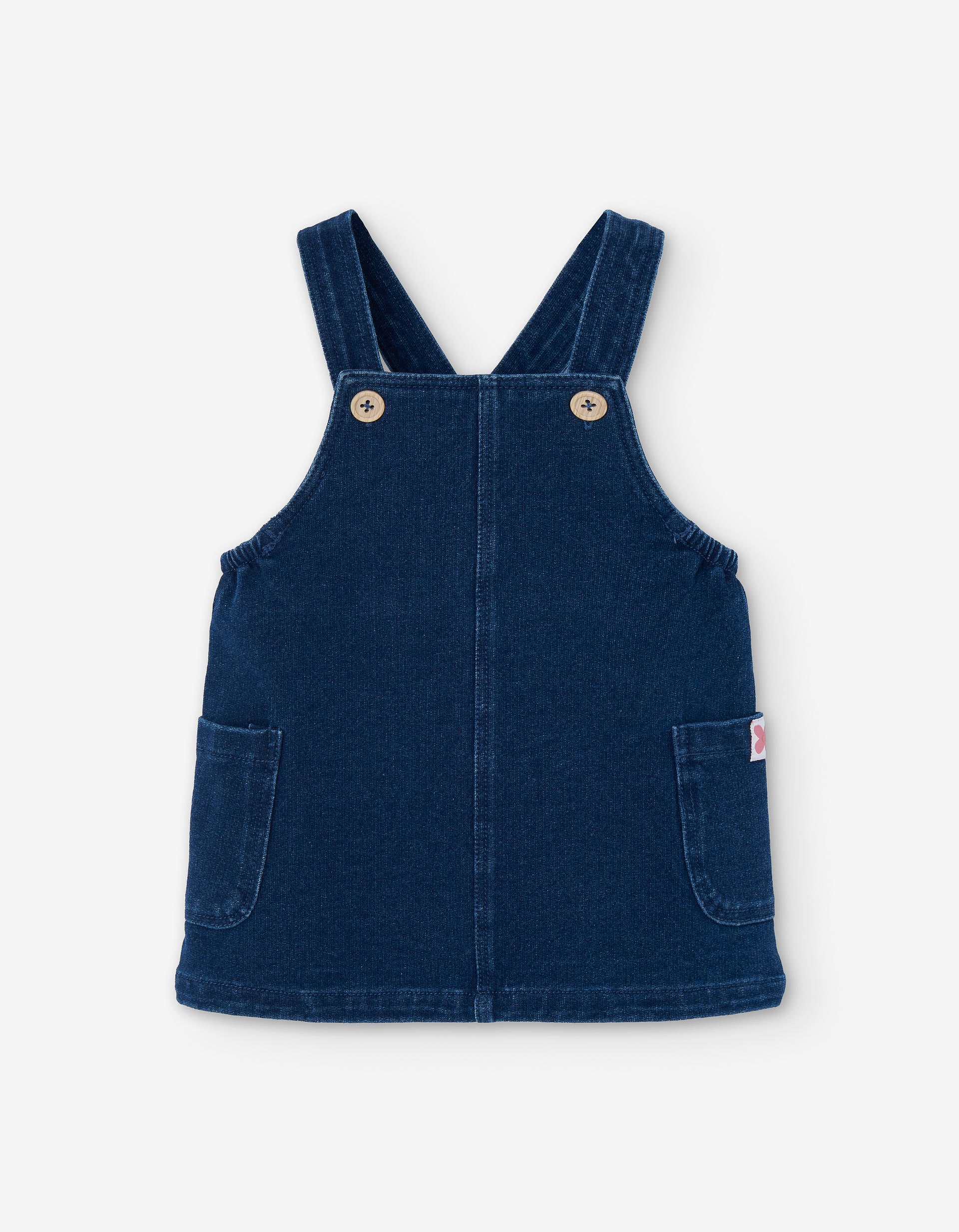 Denim pinafore dress with side pockets for baby girls, blue