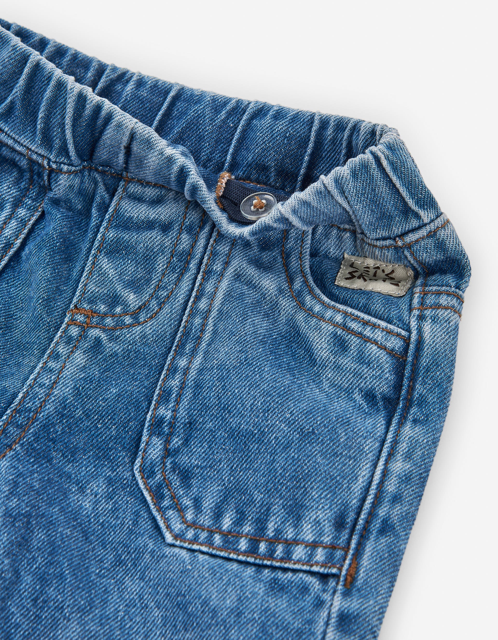 Denim joggers with decorative label for baby boys, blue