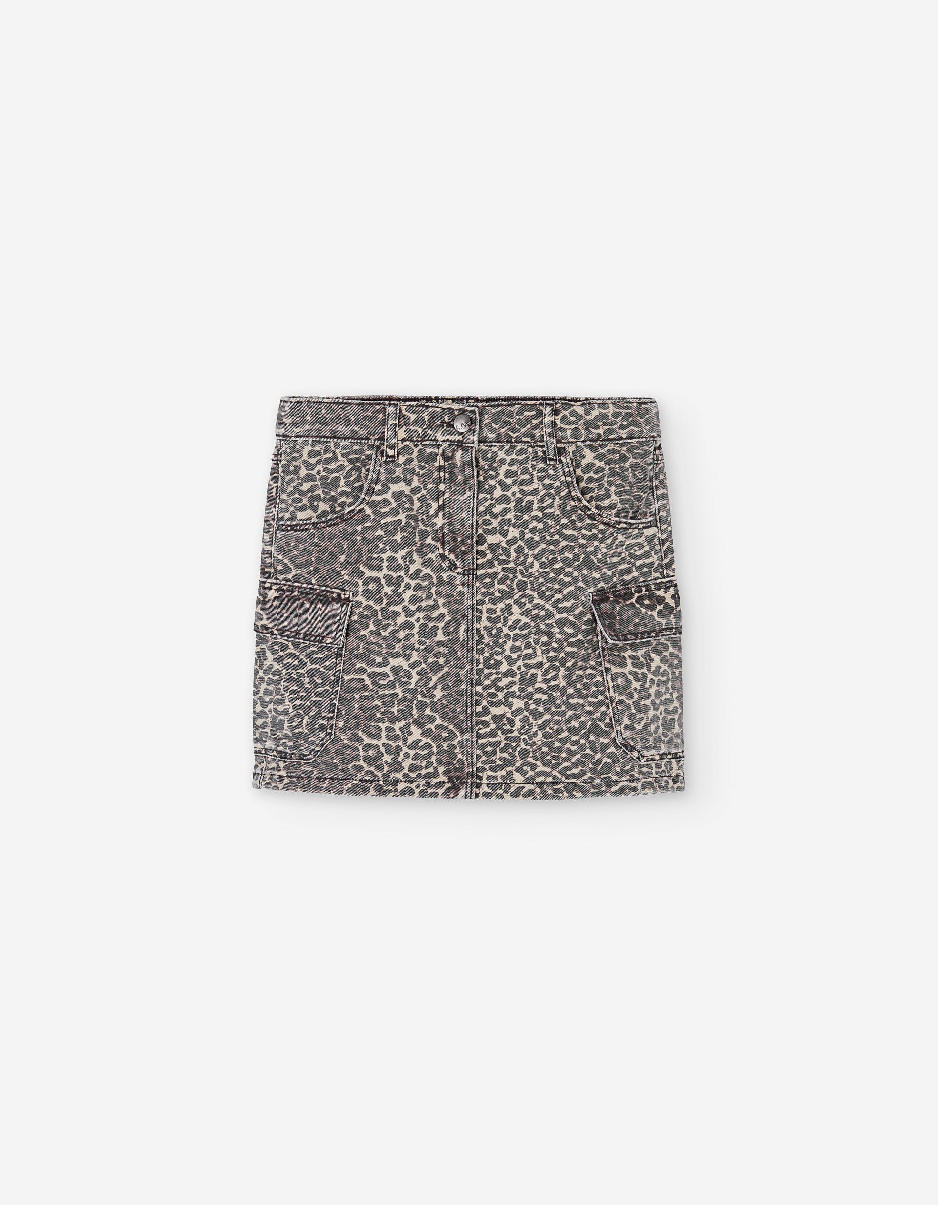 Denim skirt with leopard print and cargo pockets for girls, brown