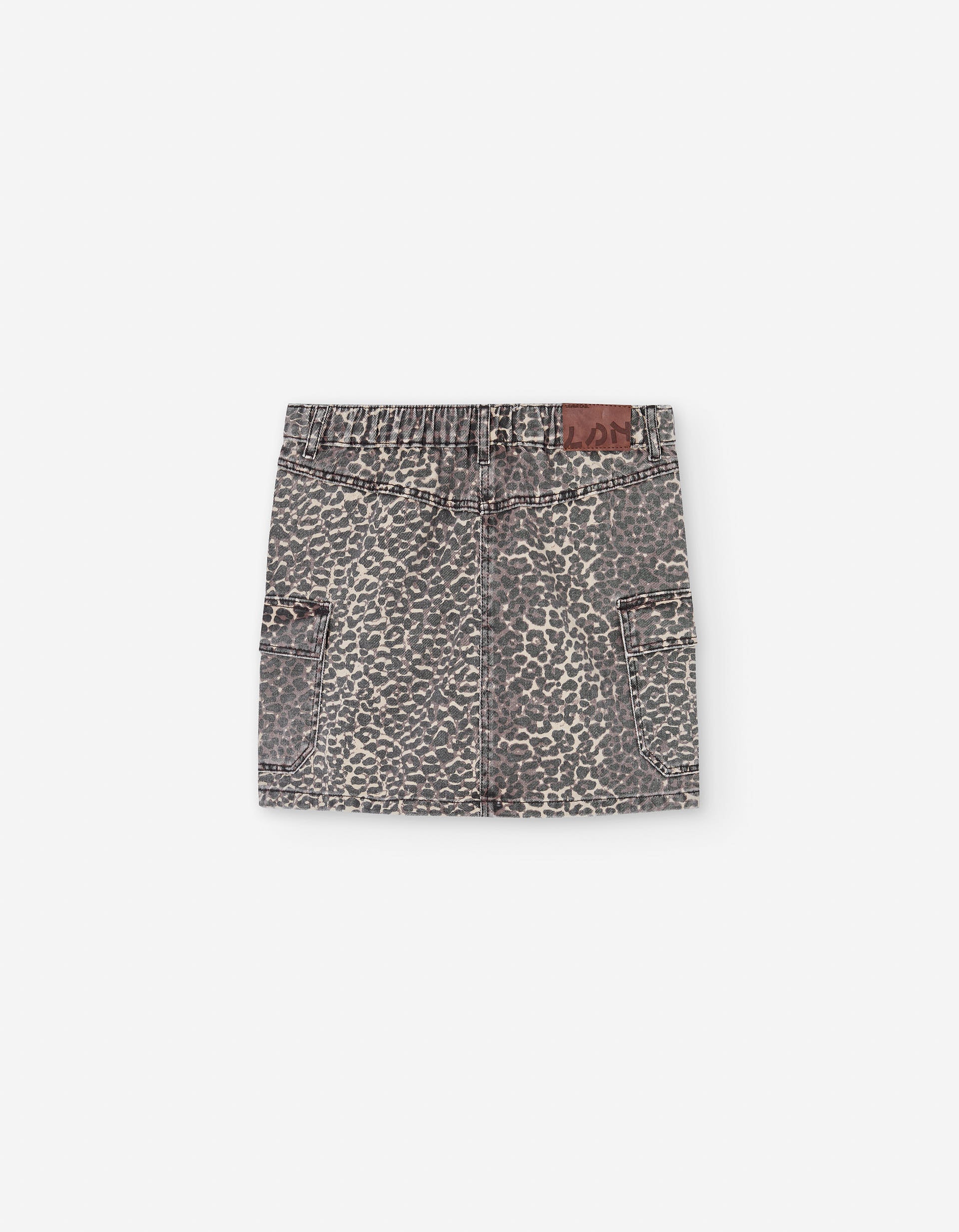 Denim skirt with leopard print and cargo pockets for girls, brown
