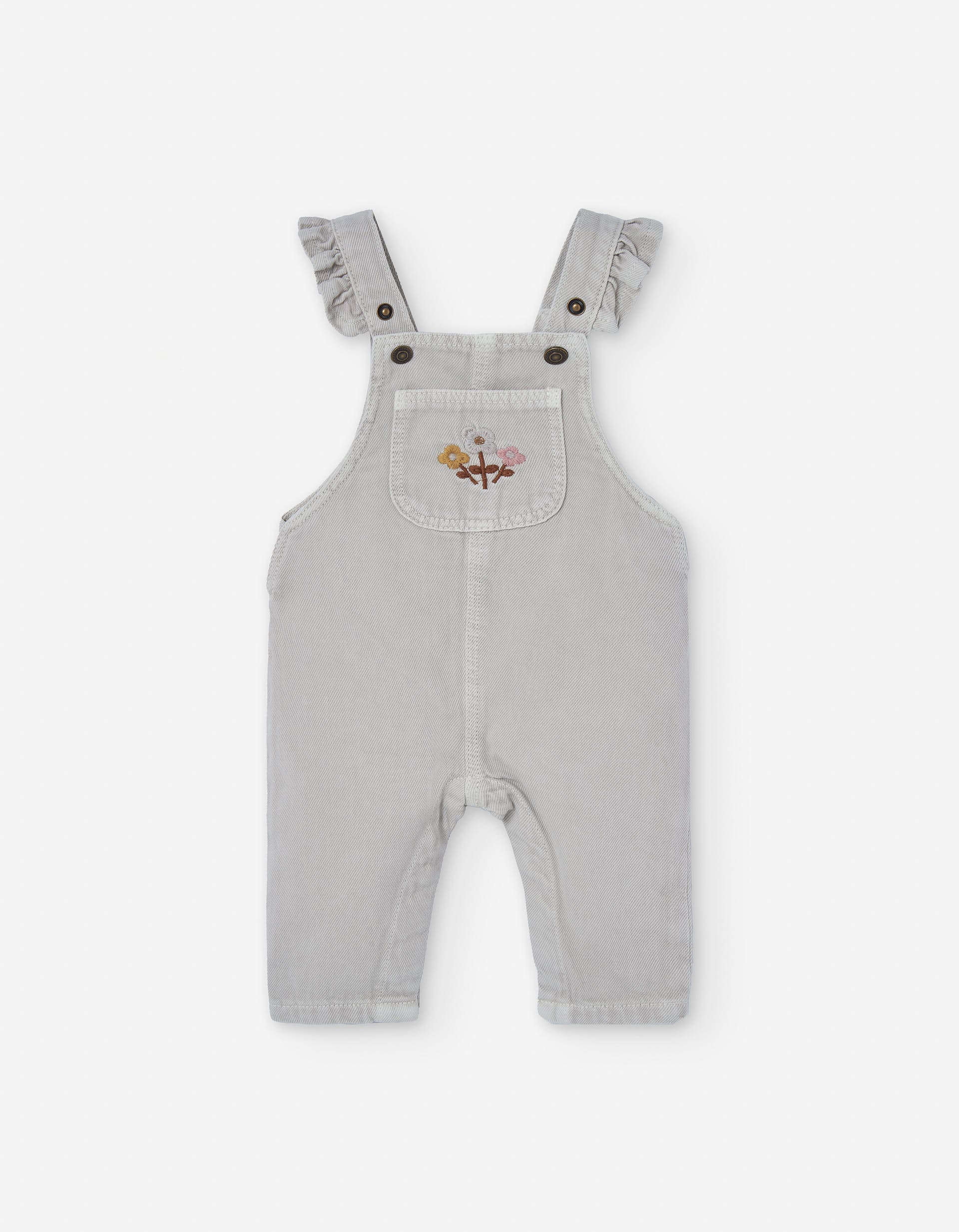 Twill dungarees with ruffled straps for baby girls, light grey