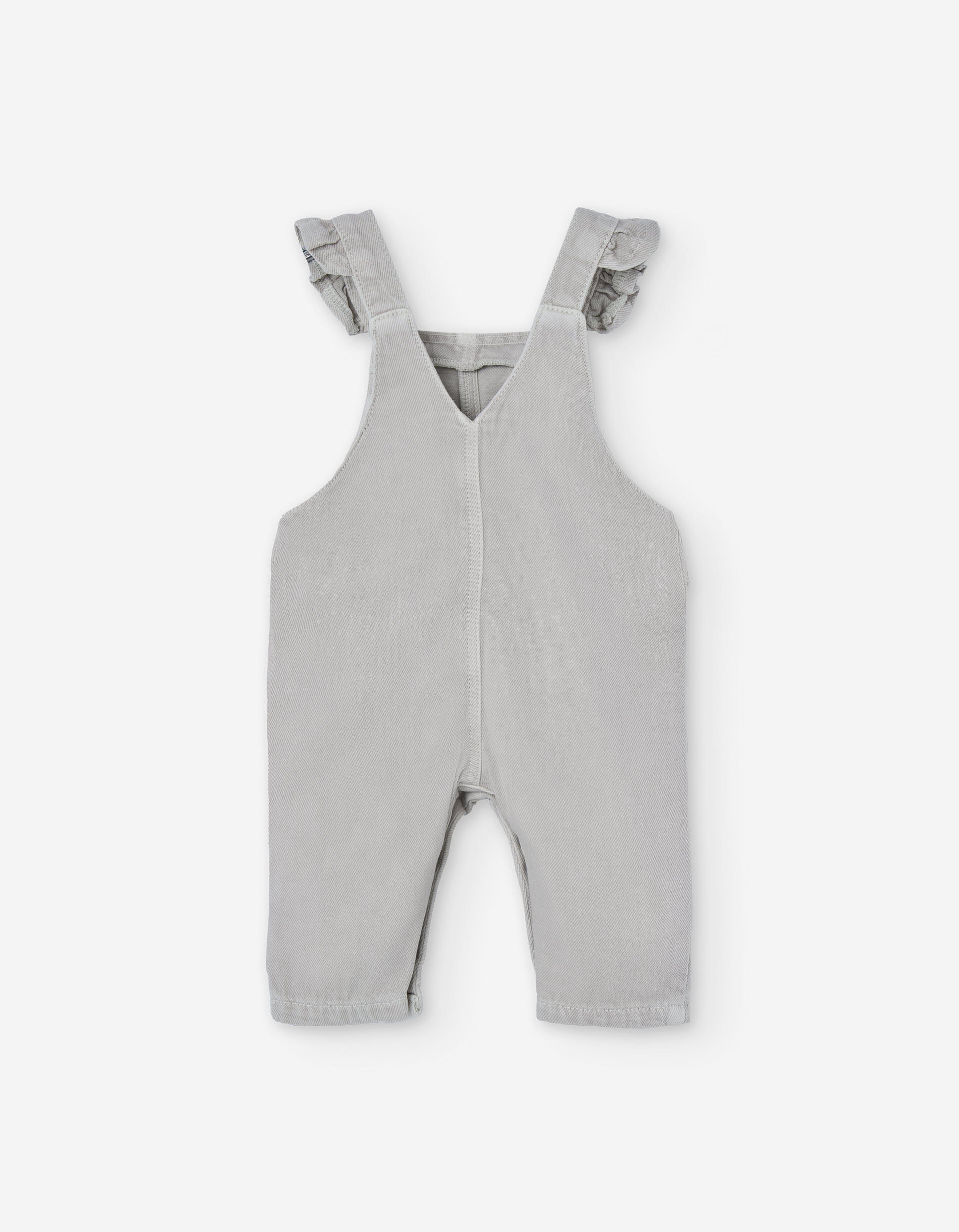 Twill dungarees with ruffled straps for baby girls, light grey