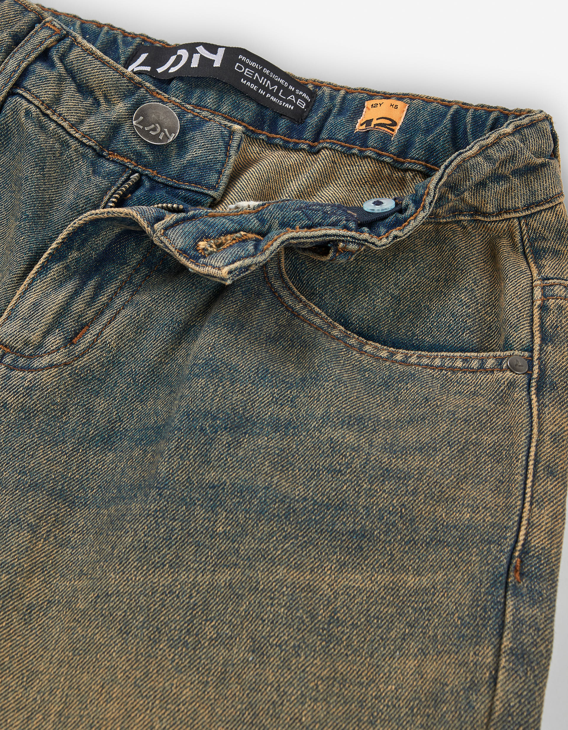 Wide leg denim trousers with dyed effect for boys, blue