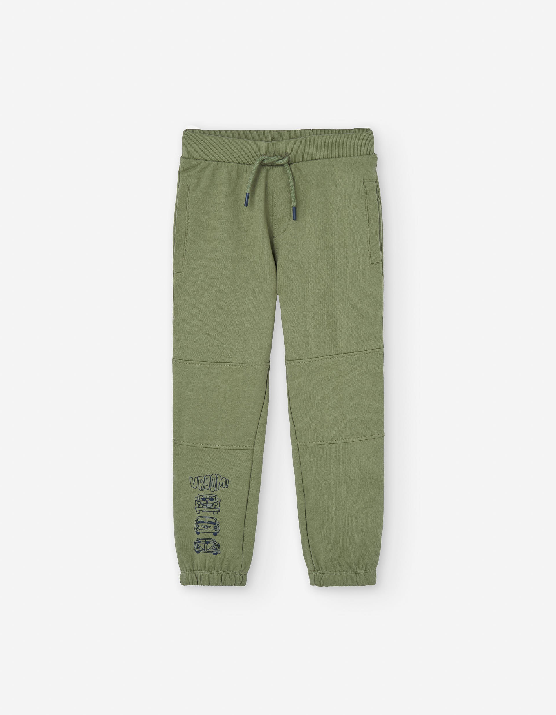 Cotton brushed joggers with car print for boys, green