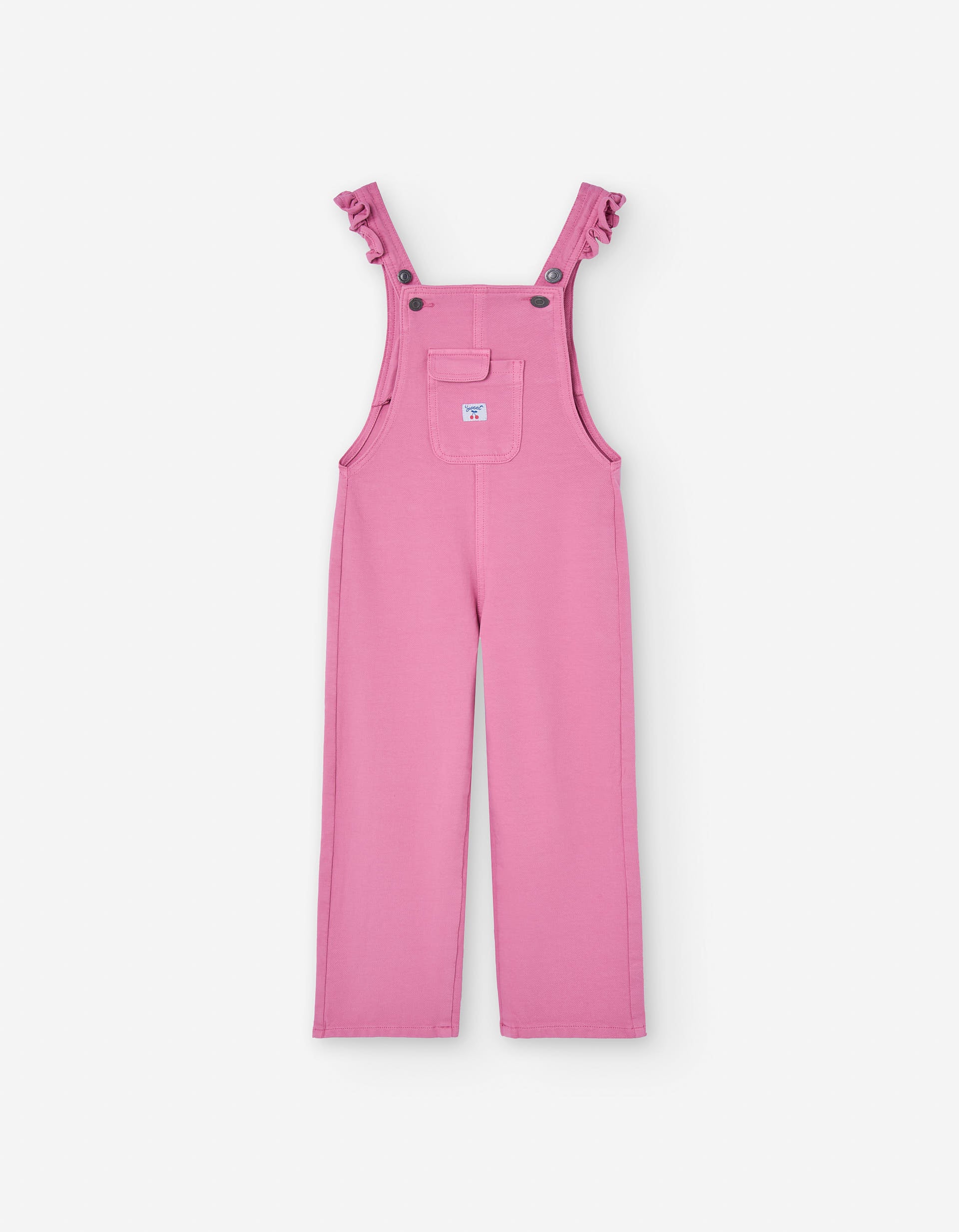 Wide leg denim dungarees with ruffles for girls, pink