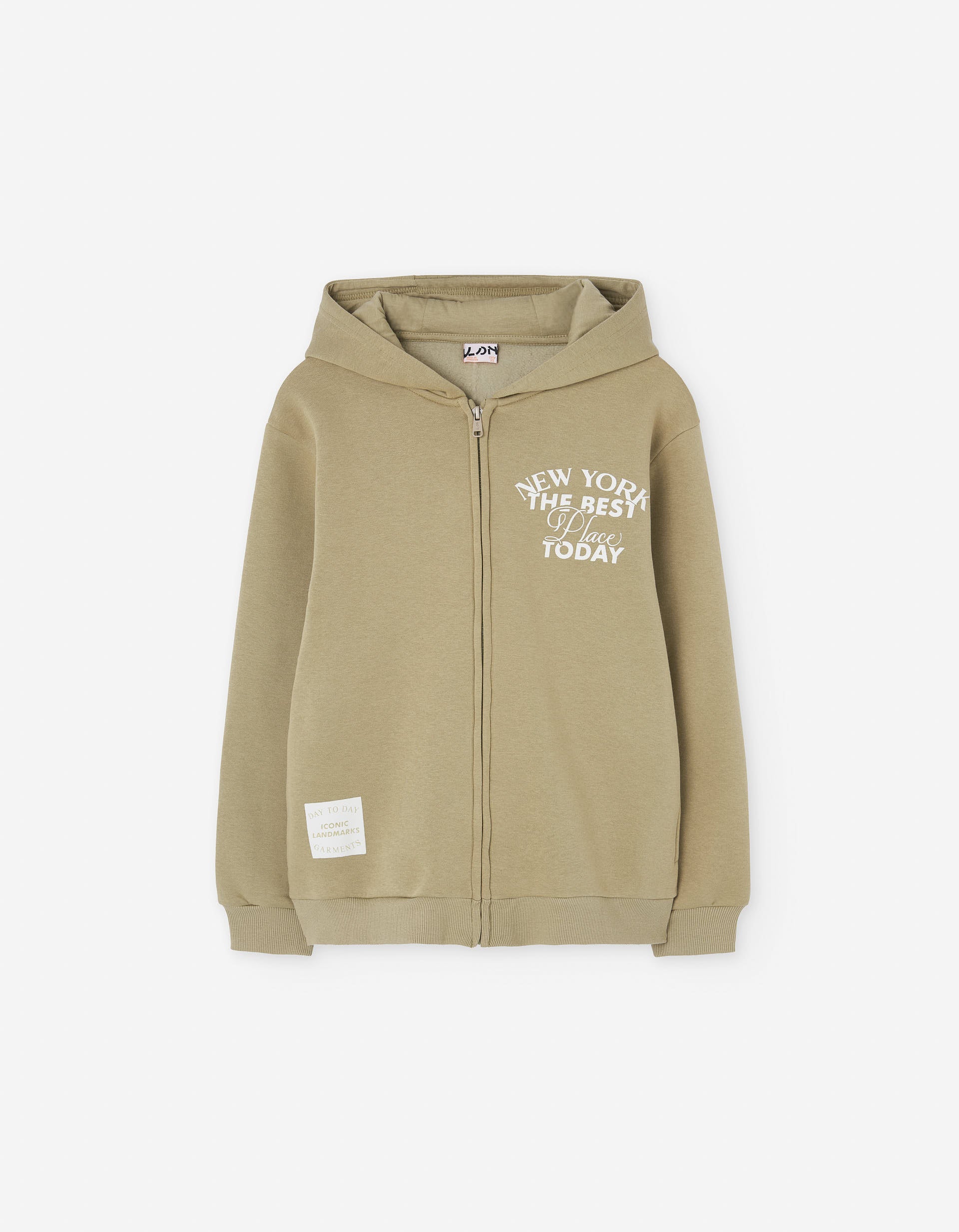 Brushed hooded jacket with New York print for boys, khaki