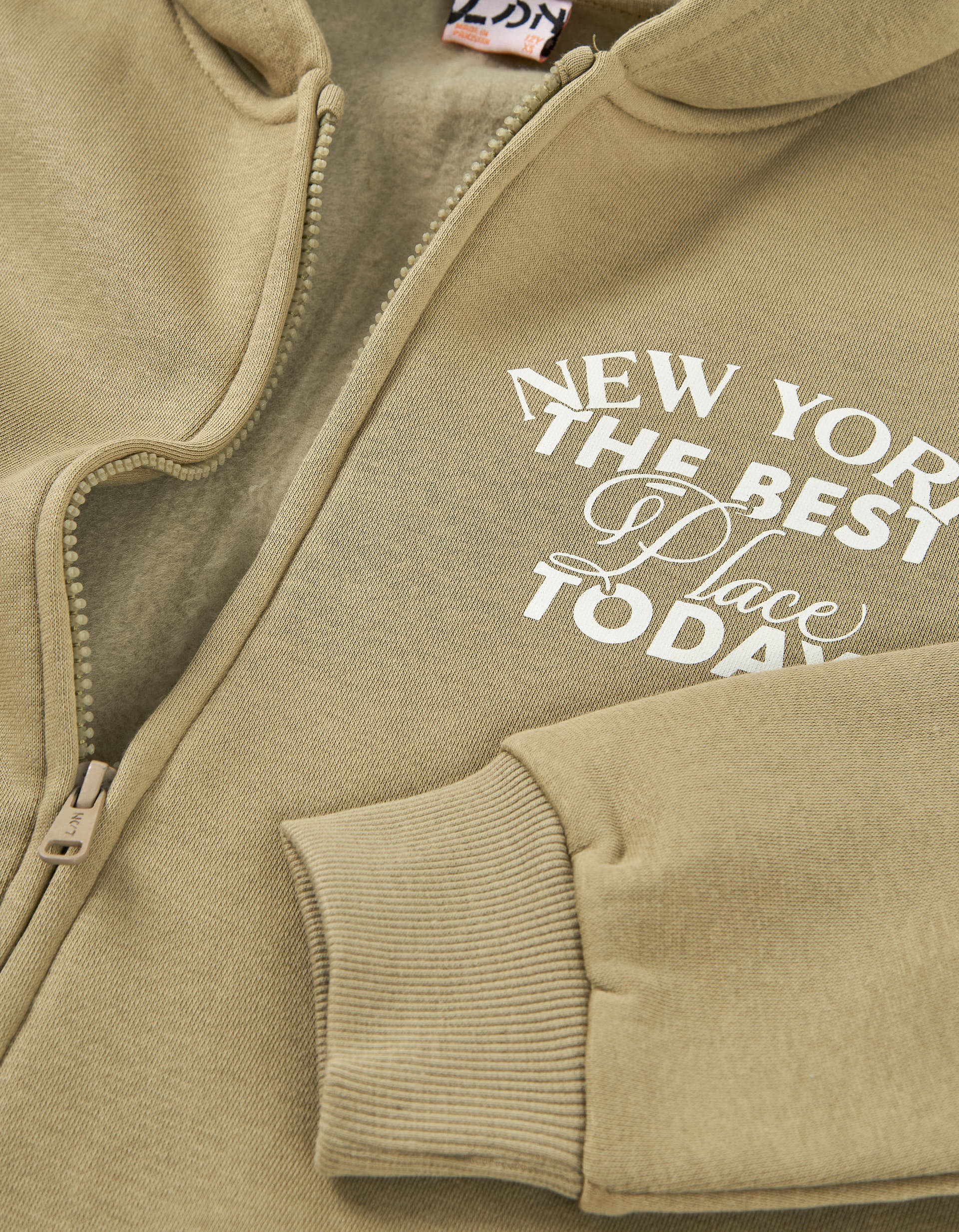 Brushed hooded jacket with New York print for boys, khaki