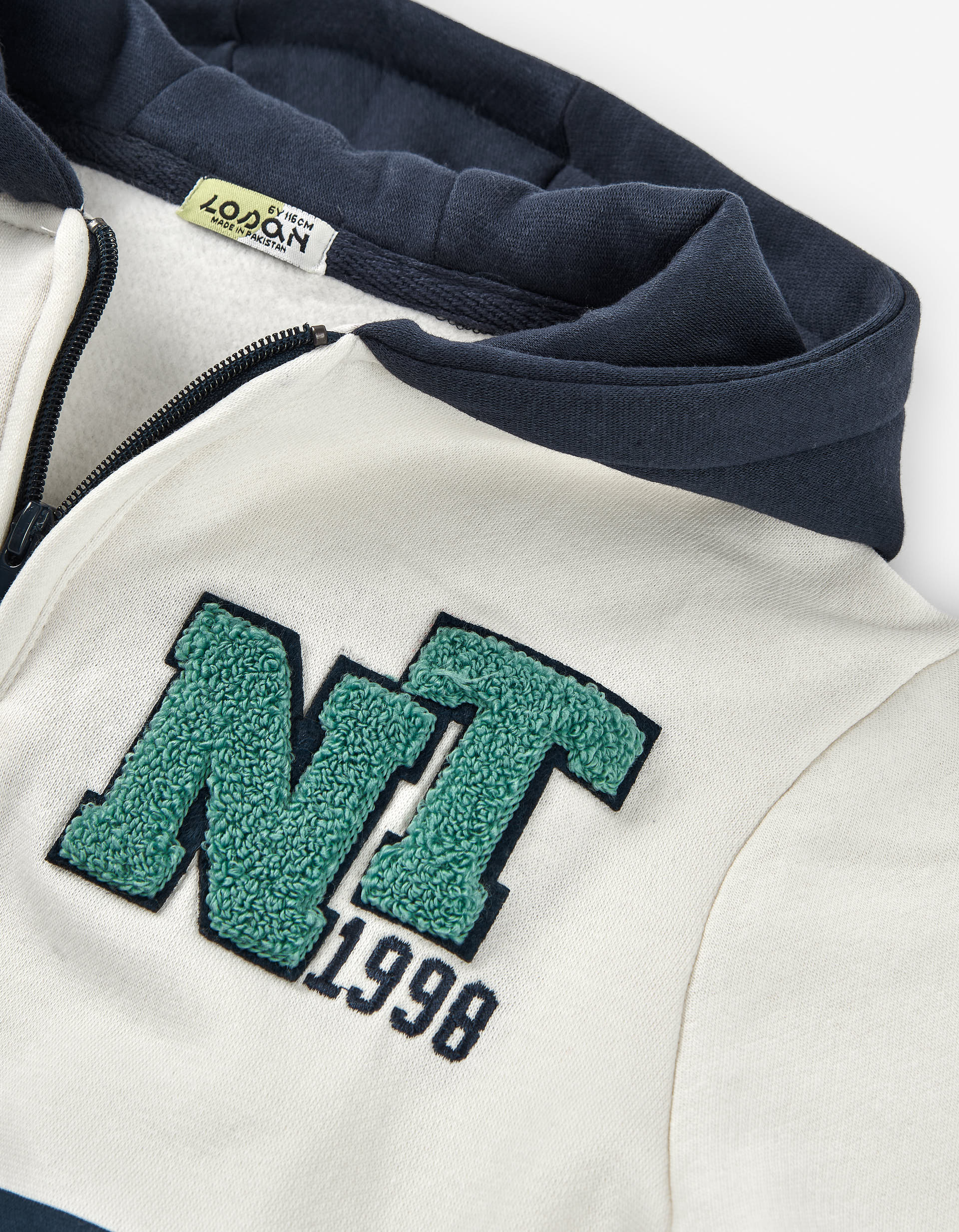 Hooded brushed sweatshirt with bouclé embroidery for boys, multicolour