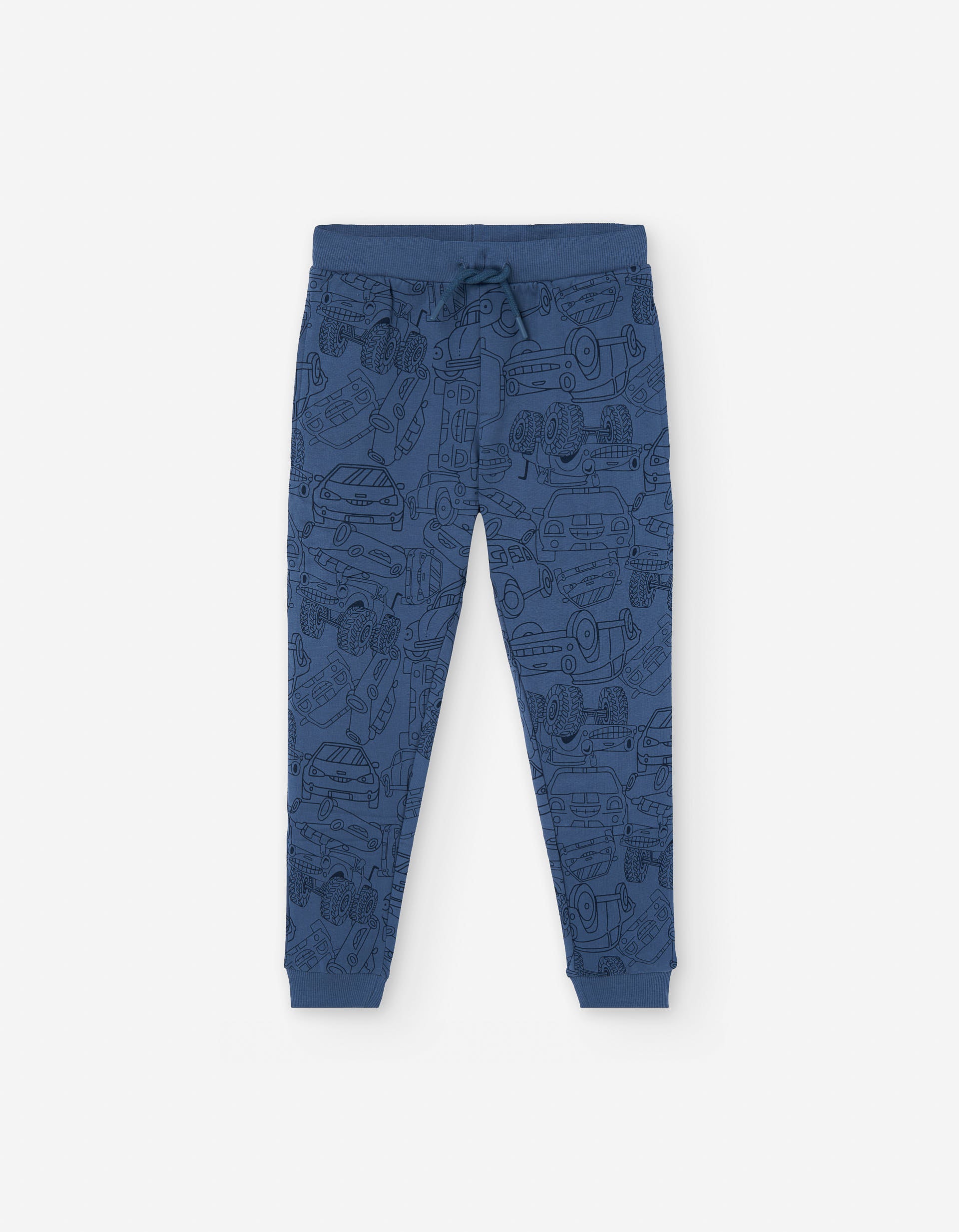Cotton brushed joggers with car motif for boys, blue