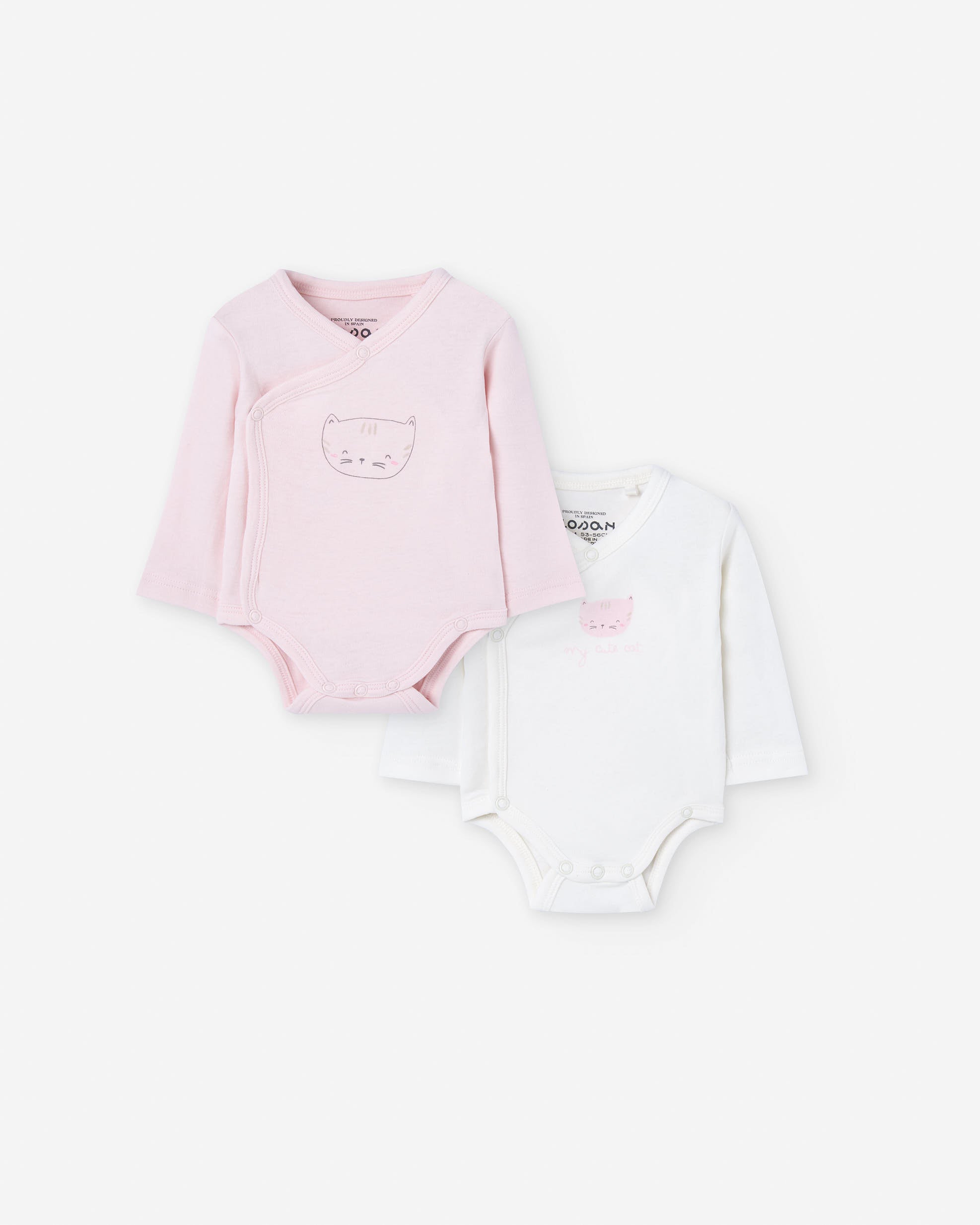 Pack of 2 cotton bodysuits with cat print for newborn girls, pink/white