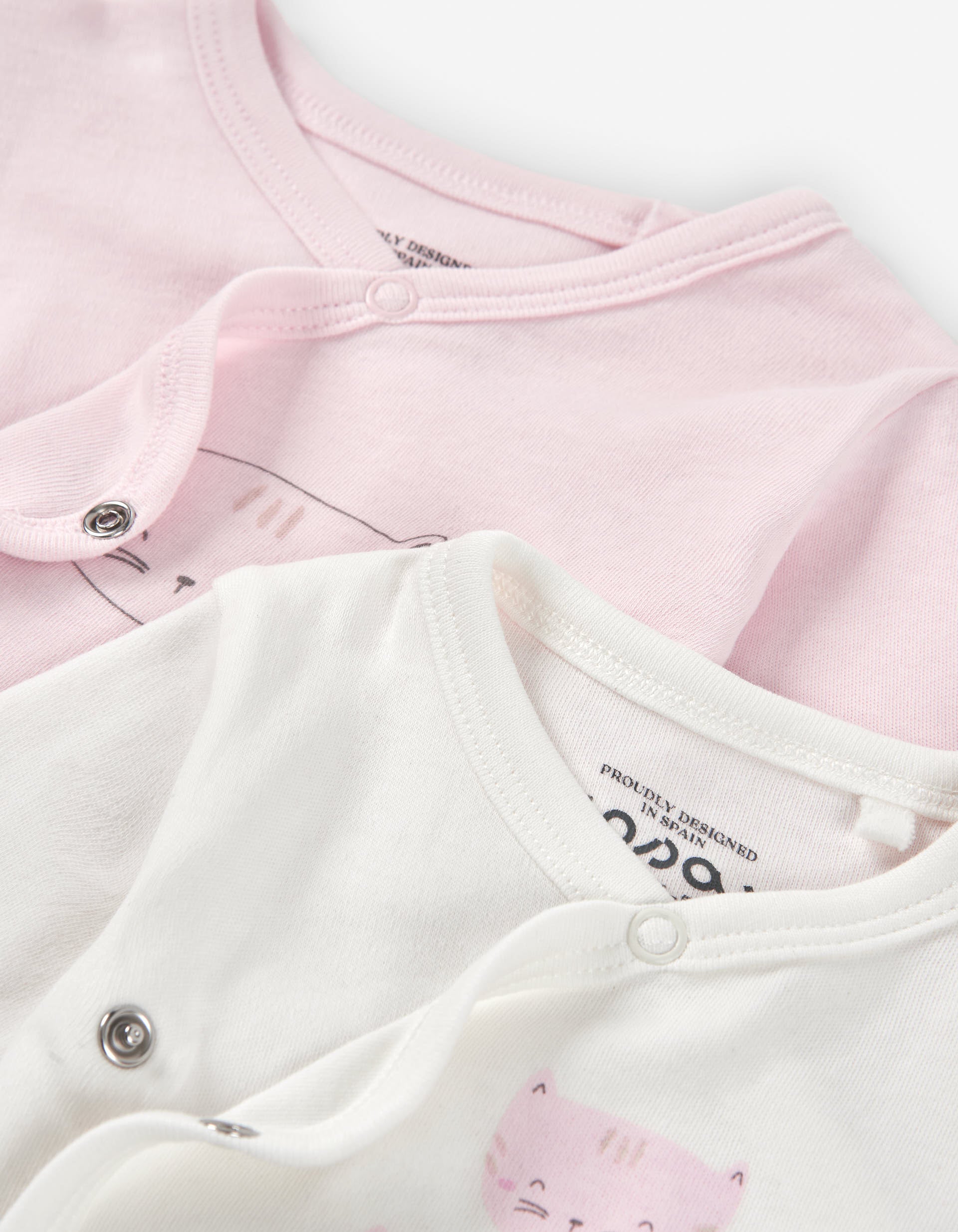 Pack of 2 cotton bodysuits with cat print for newborn girls, pink/white