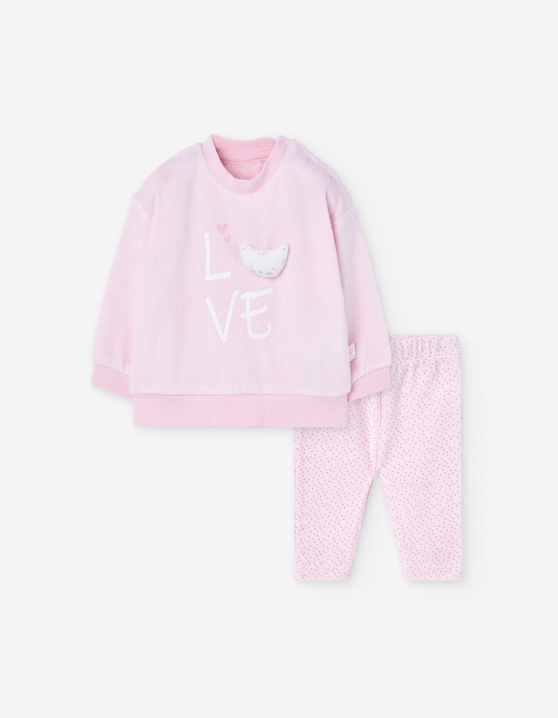 Velvet sweatshirt with 3D cat and trousers for newborn girls, pink