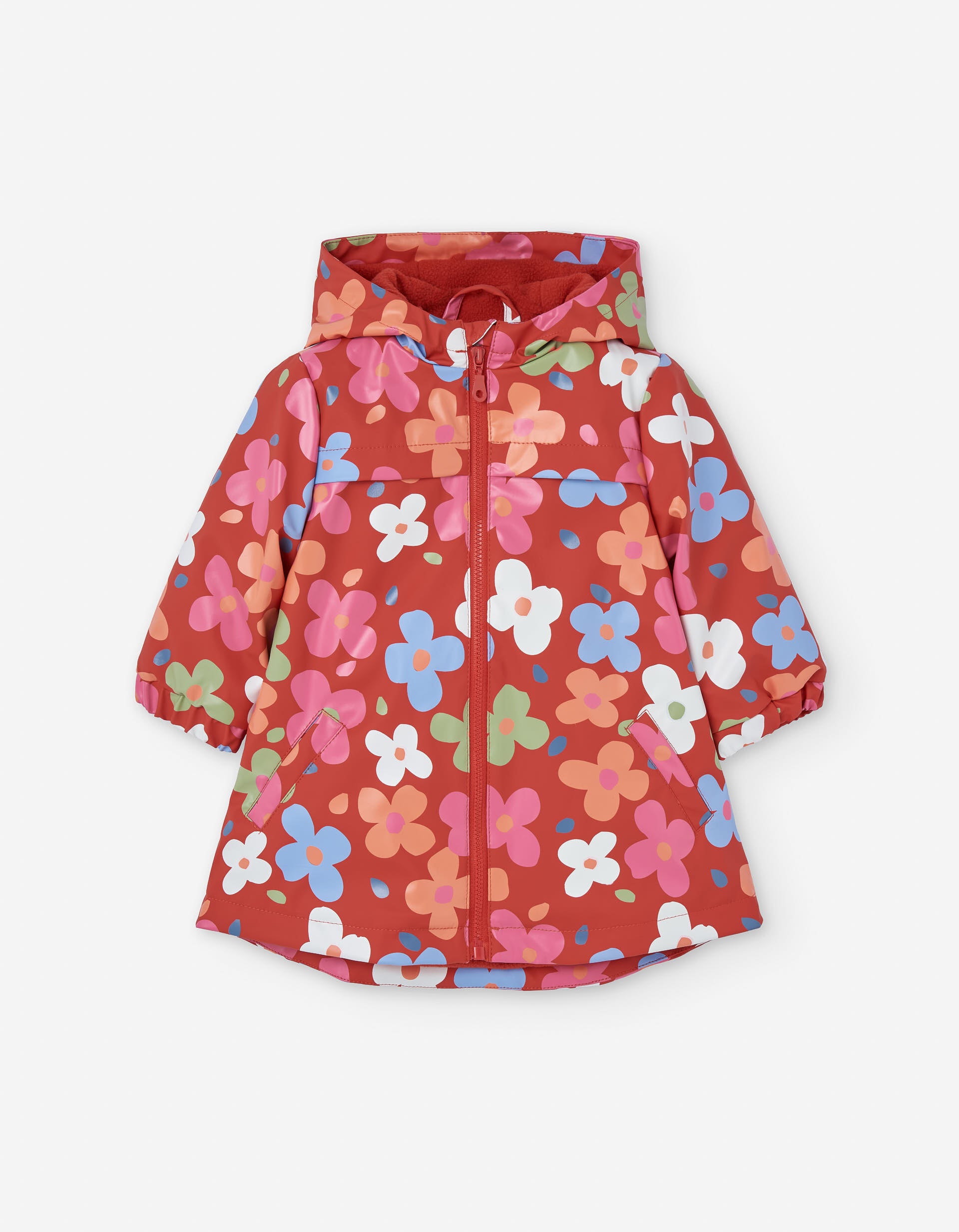 Hooded rubber parka with fleece lining and motif for baby girls, red