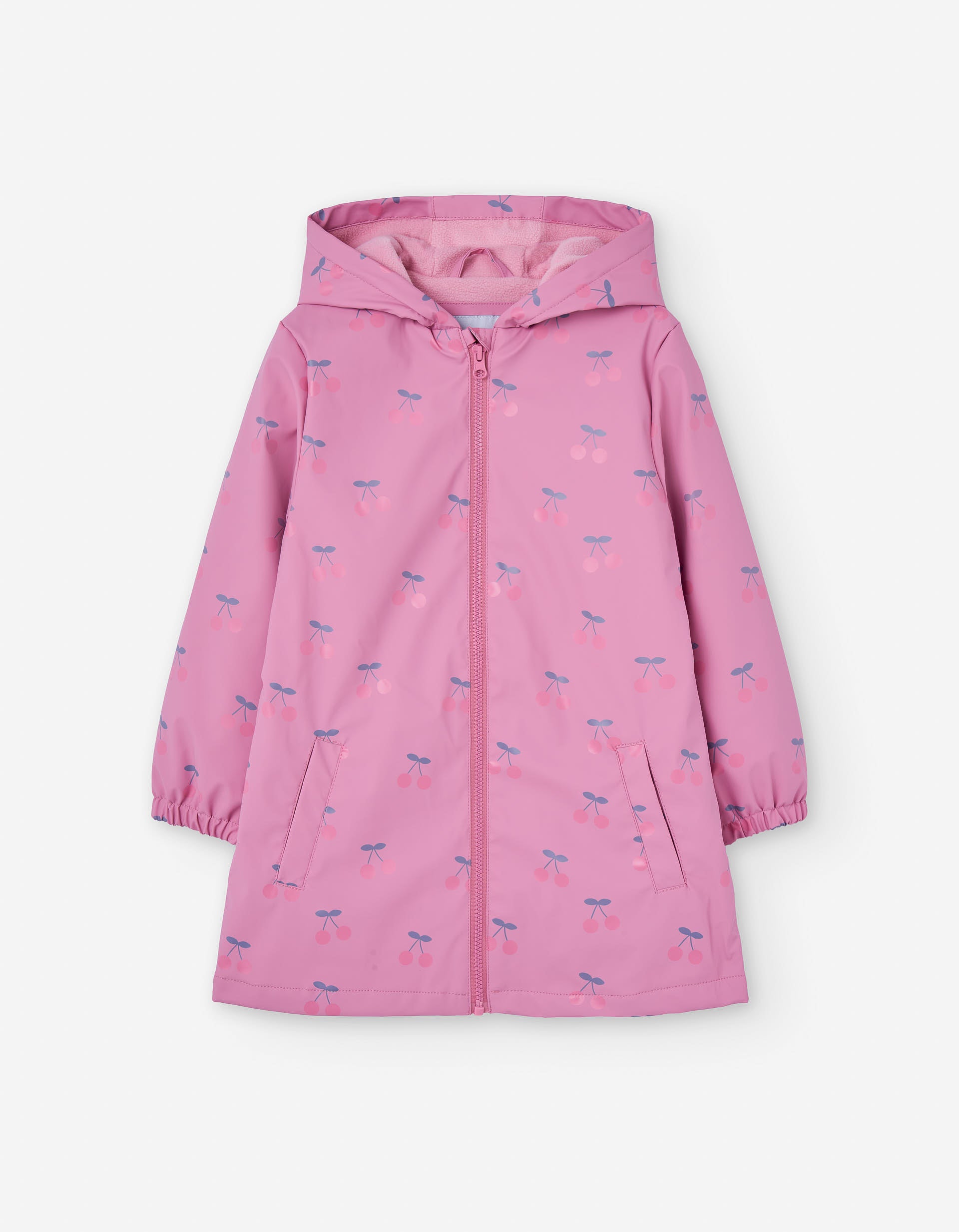 Hooded rubber parka with and cherry print for girls, pink