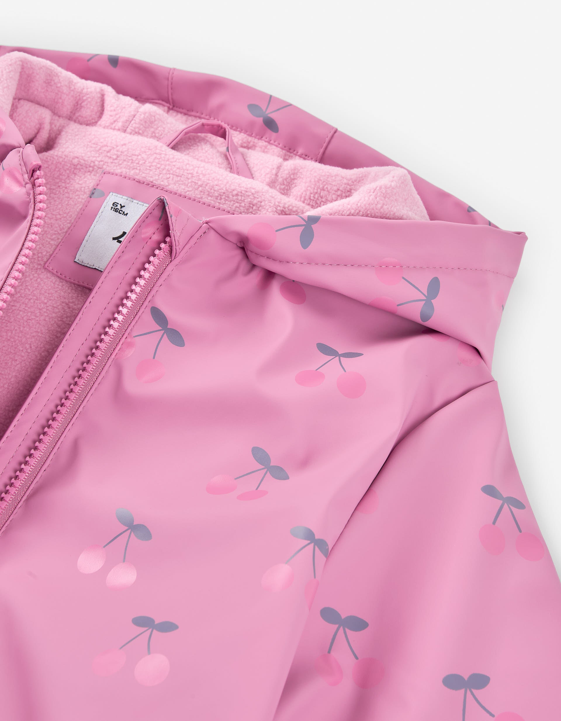 Hooded rubber parka with and cherry print for girls, pink