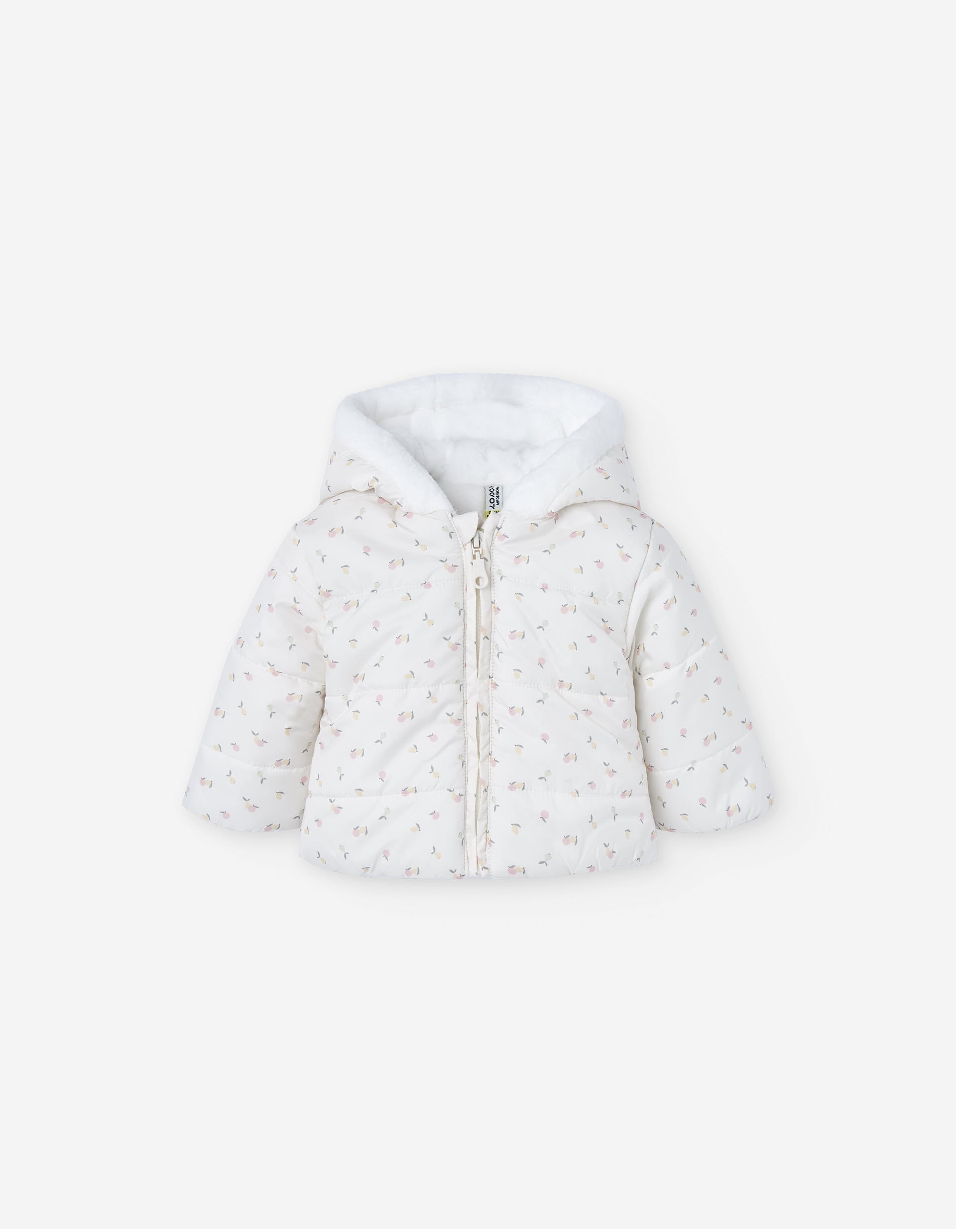 Nylon padded jacket with hood and motif for newborn girls, white