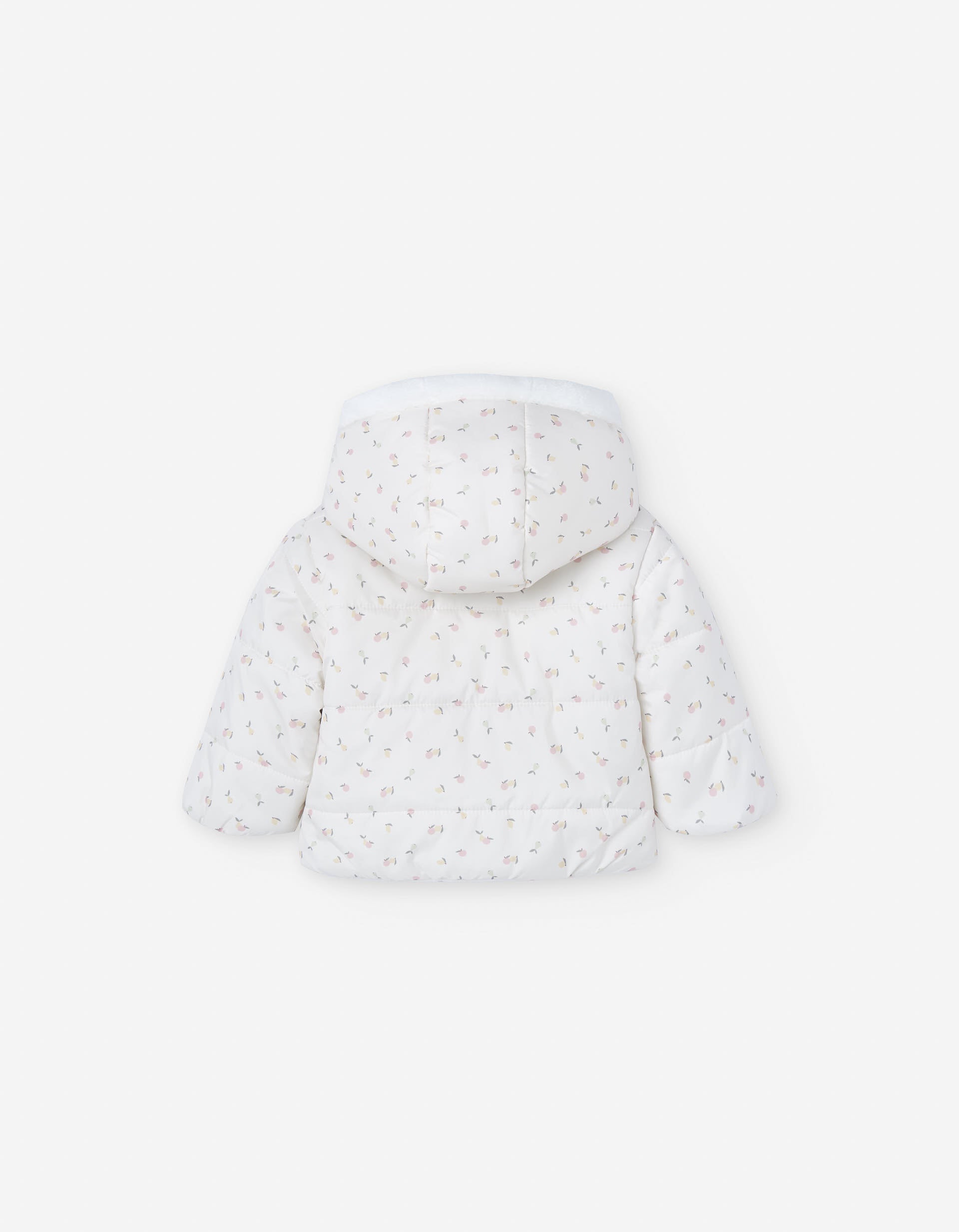 Nylon padded jacket with hood and motif for newborn girls, white