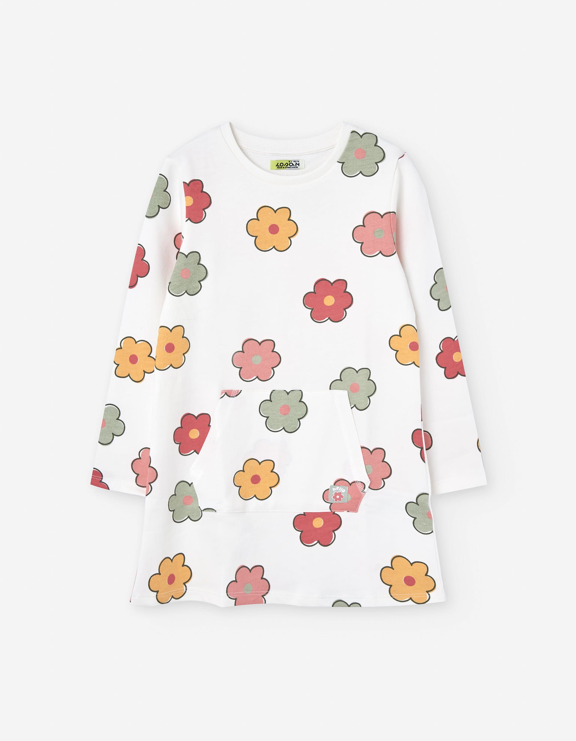 Cotton floral dress with kangaroo pocket for girls, multicolour