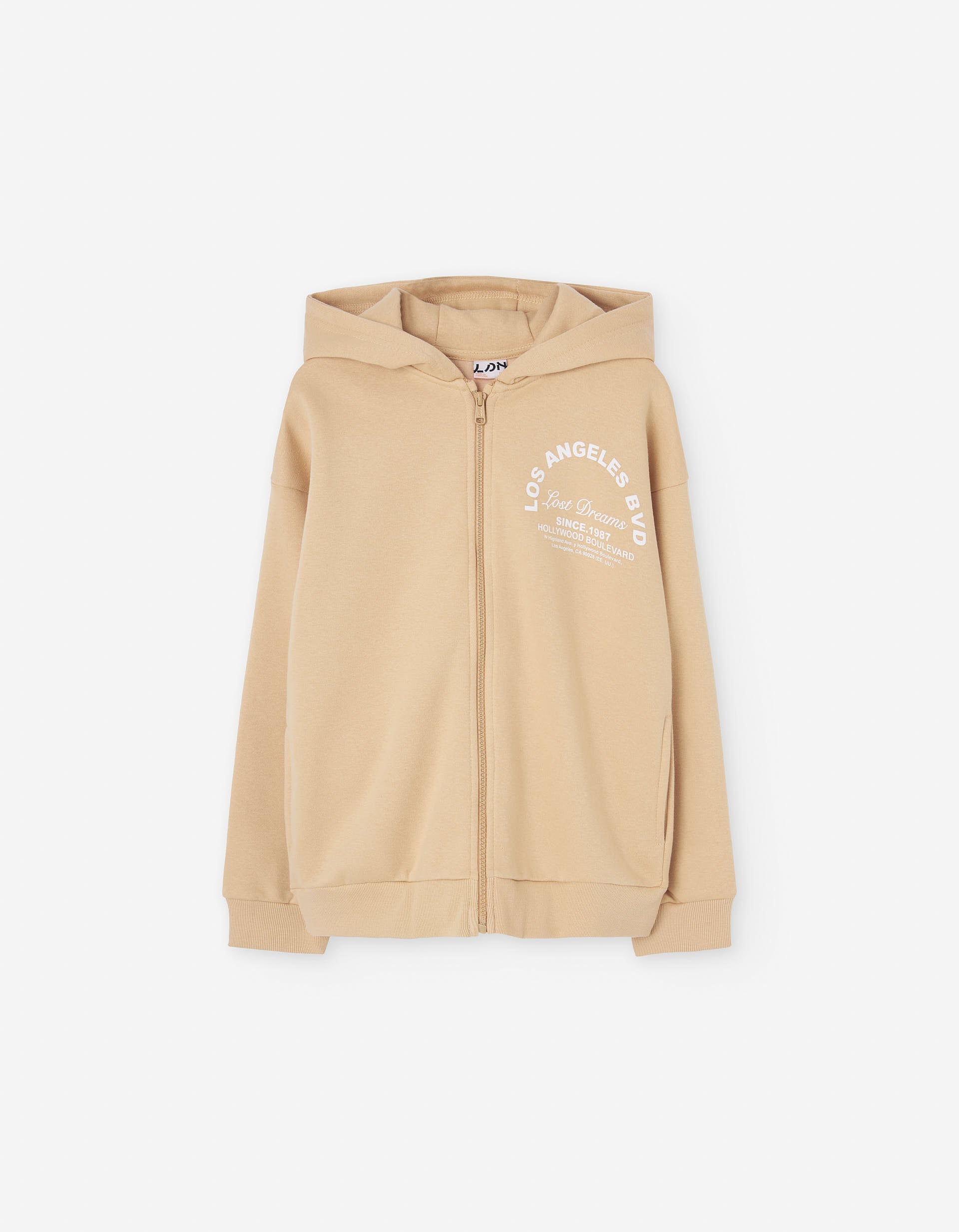 Brushed hooded jacket with Los Angeles print for girls, yellow