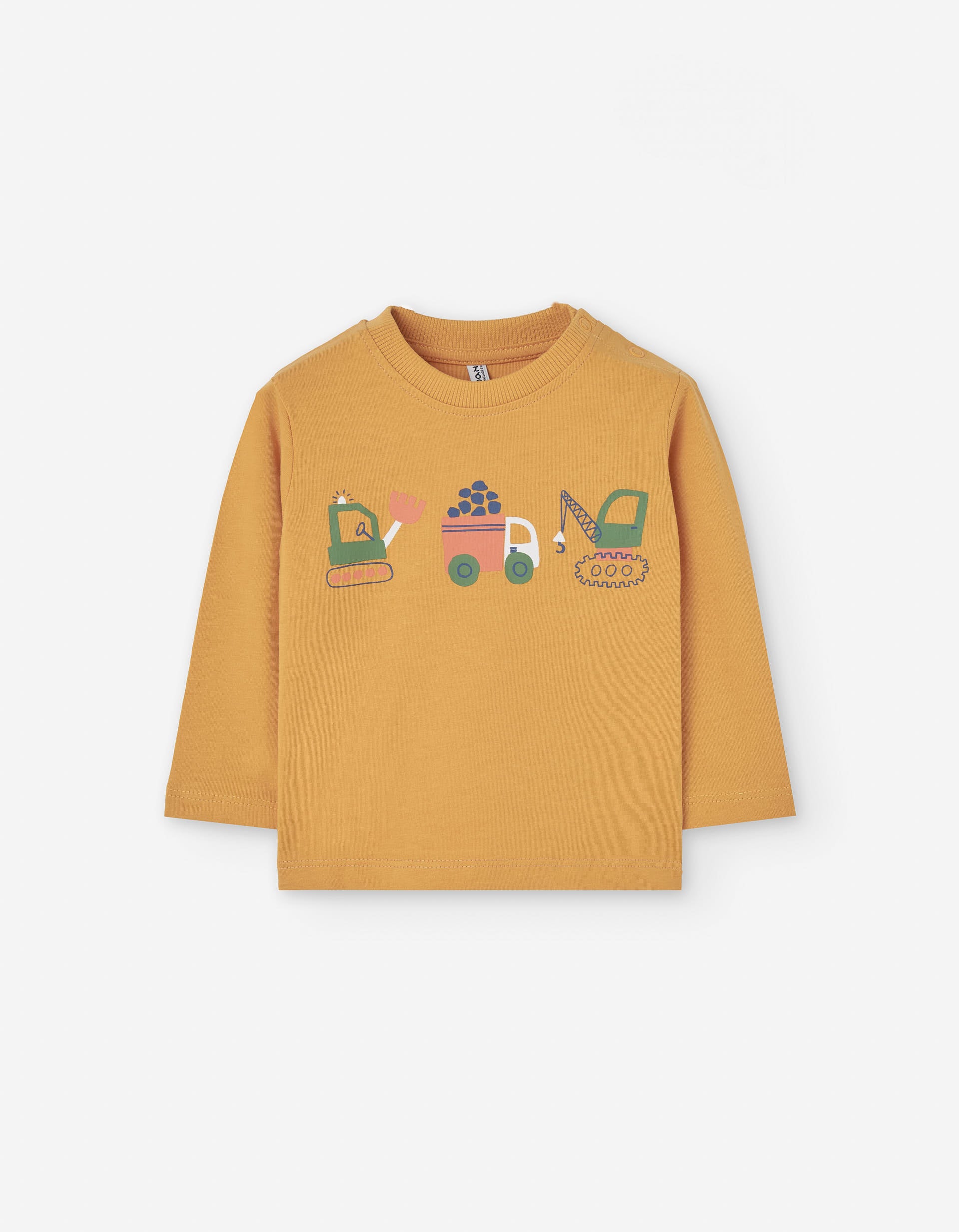Long sleeve cotton T-shirt with vehicles print for baby boys, yellow