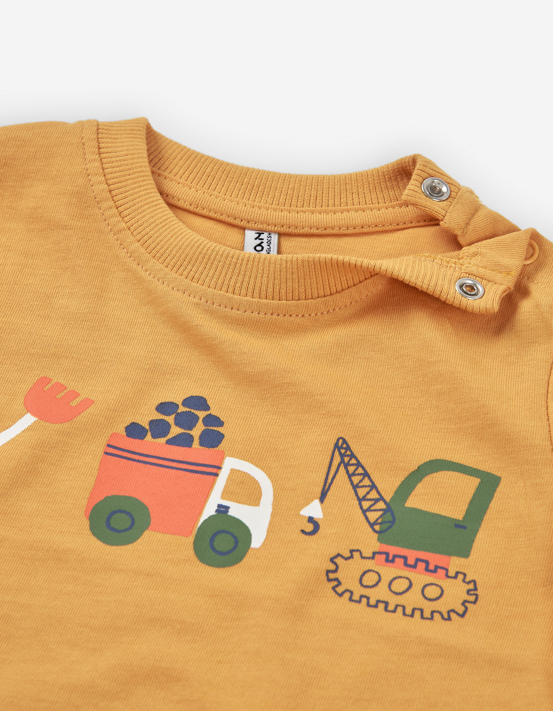 Long sleeve cotton T-shirt with vehicles print for baby boys, yellow